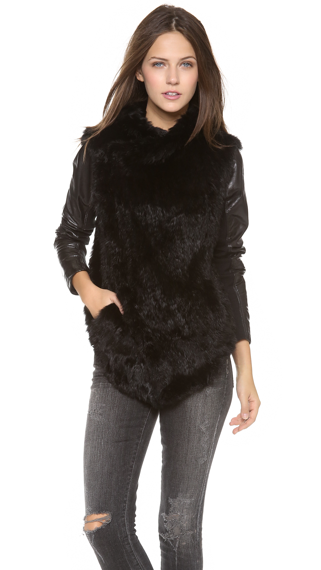 Short Black Jacket With Leather Sleeves Photos