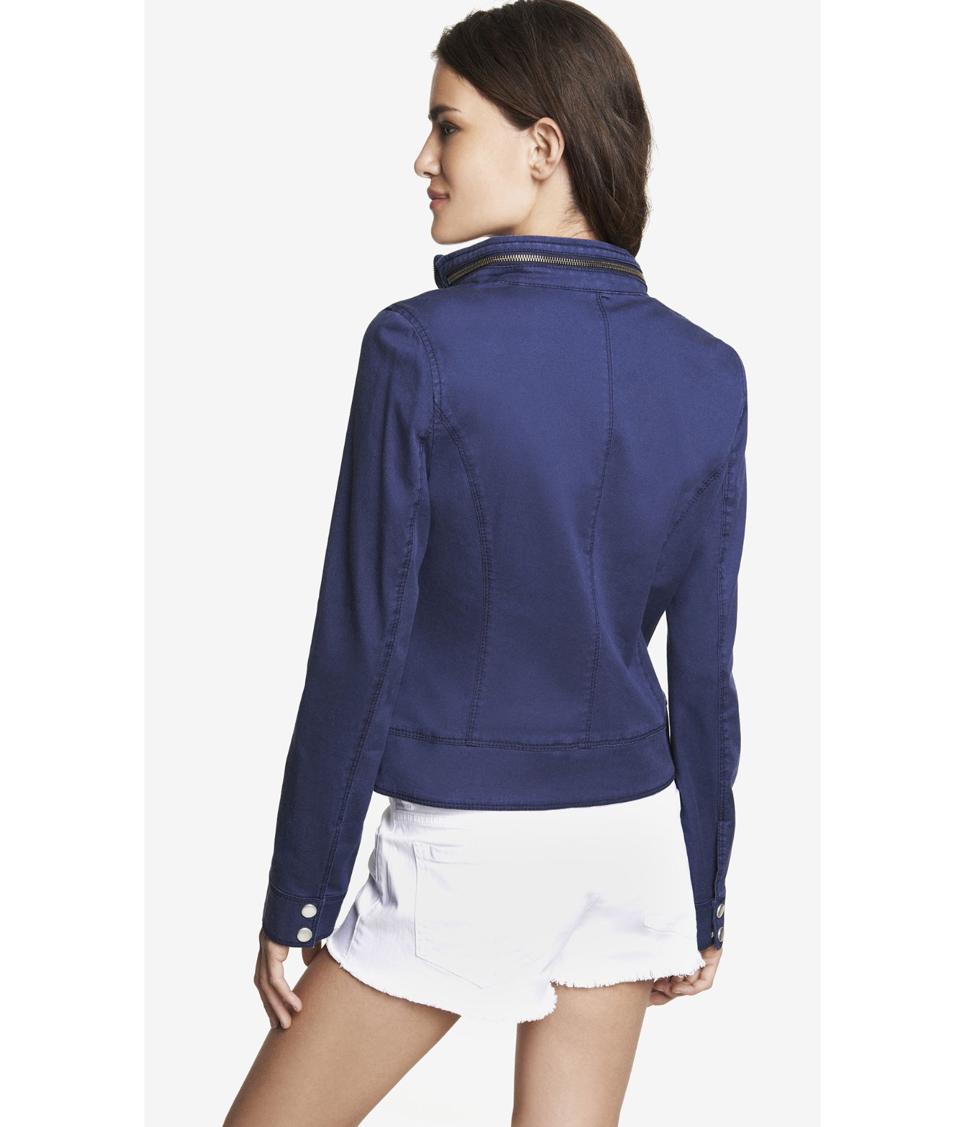 Express Seamed Twill Cuffed Sleeve Moto Jacket in Blue (INK BLUE) Lyst