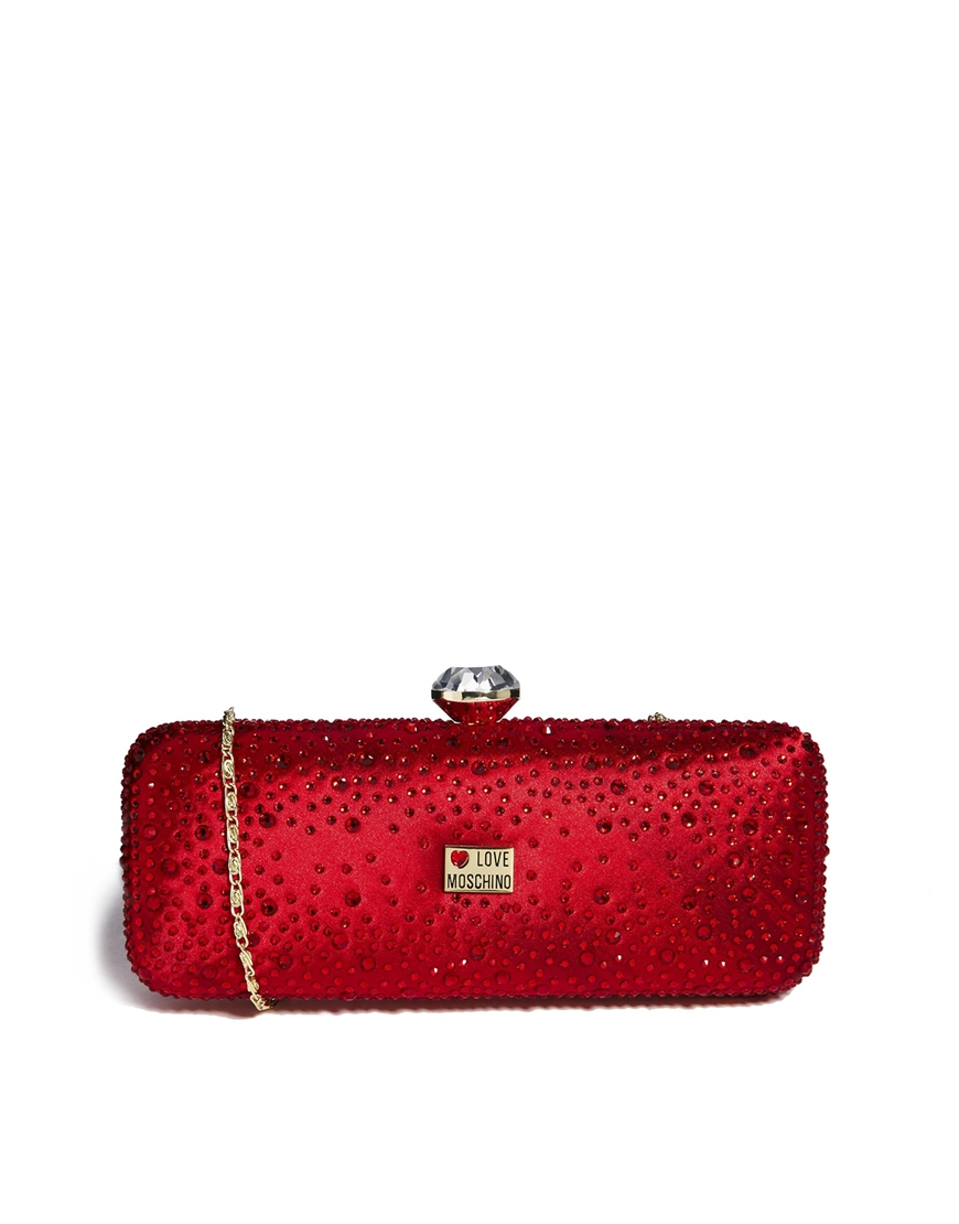 Love Moschino Crystal Encrusted Satin Box Clutch Bag in Red - Lyst