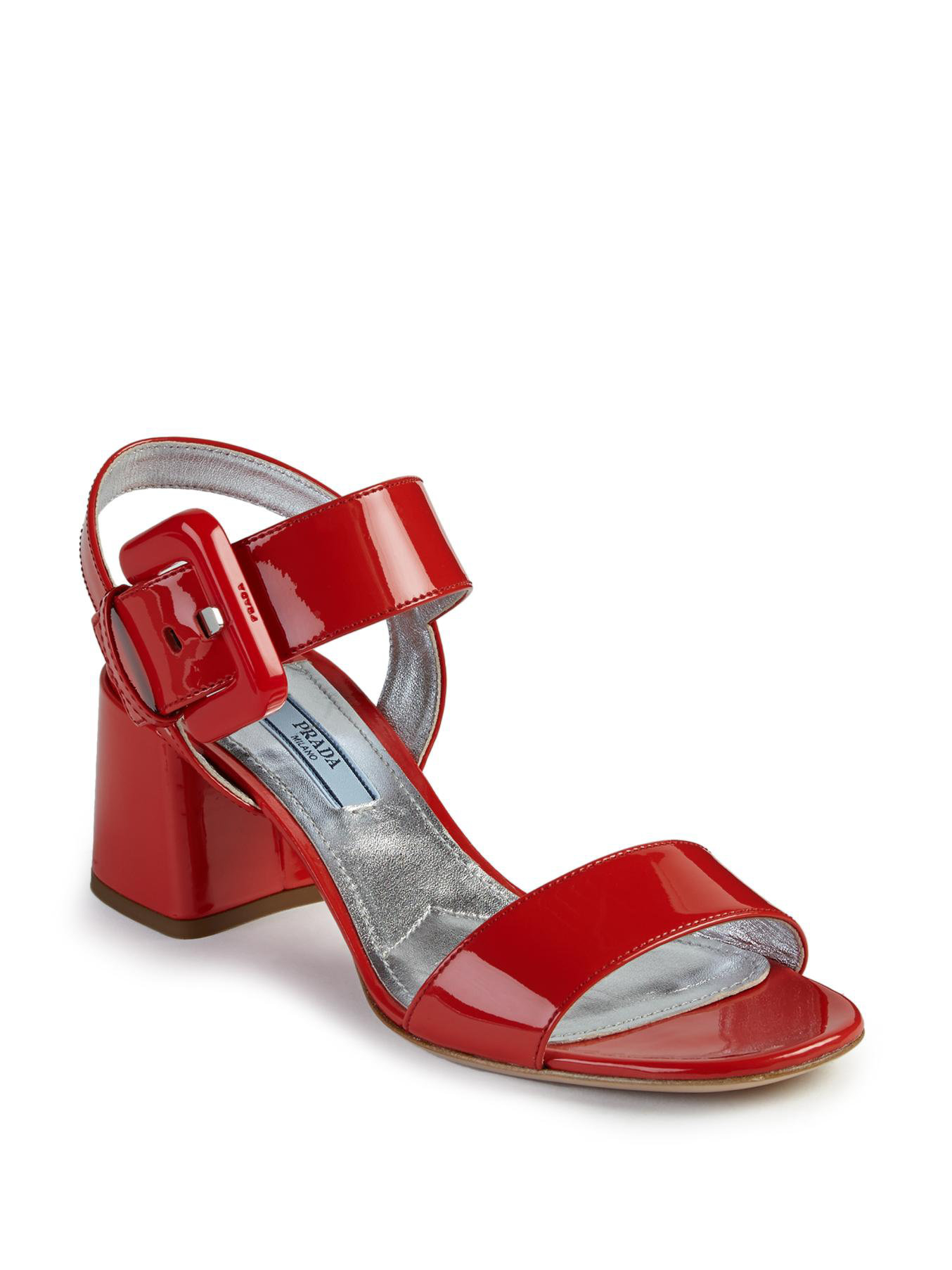 Prada Patent Leather Mid-heel Sandals in Red - Lyst