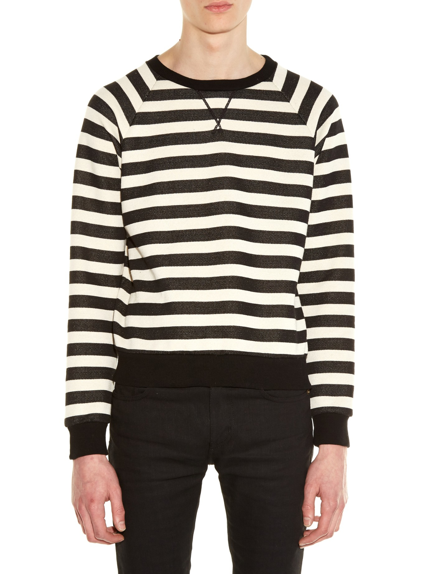 Saint Laurent Cotton Striped Crew-Neck Sweater in Black White (Black ...