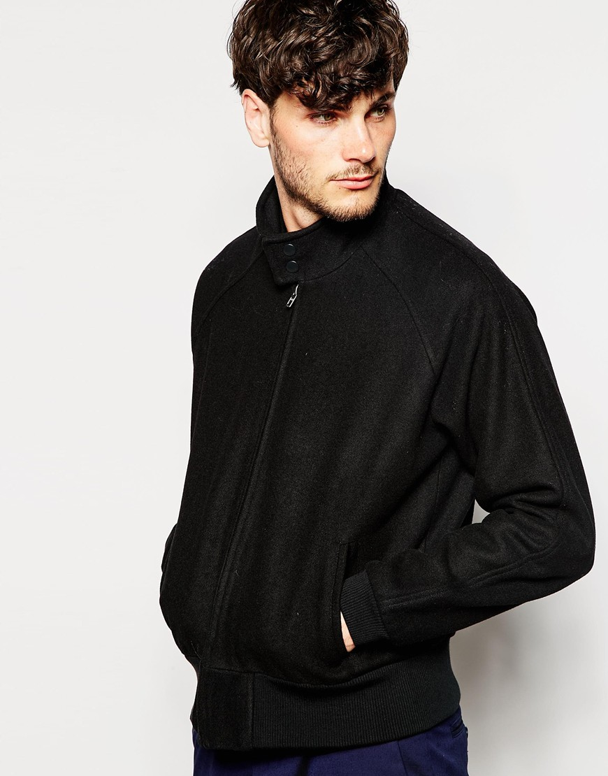 Download ASOS Funnel Neck Wool Harrington Jacket in Black for Men ...