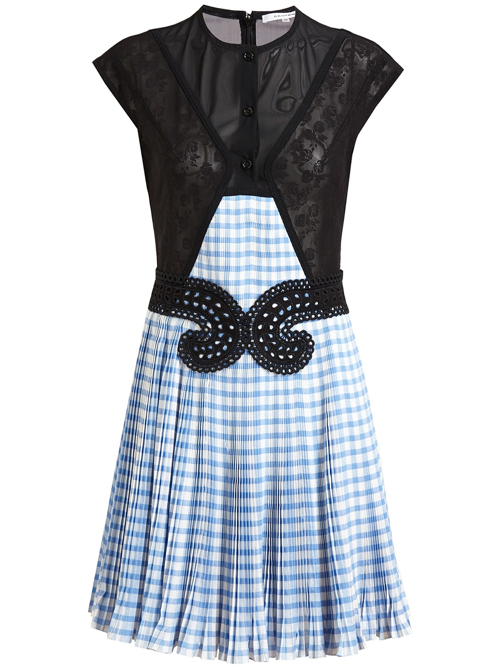 Carven Pleated Gingham and Mesh Dress in Blue | Lyst