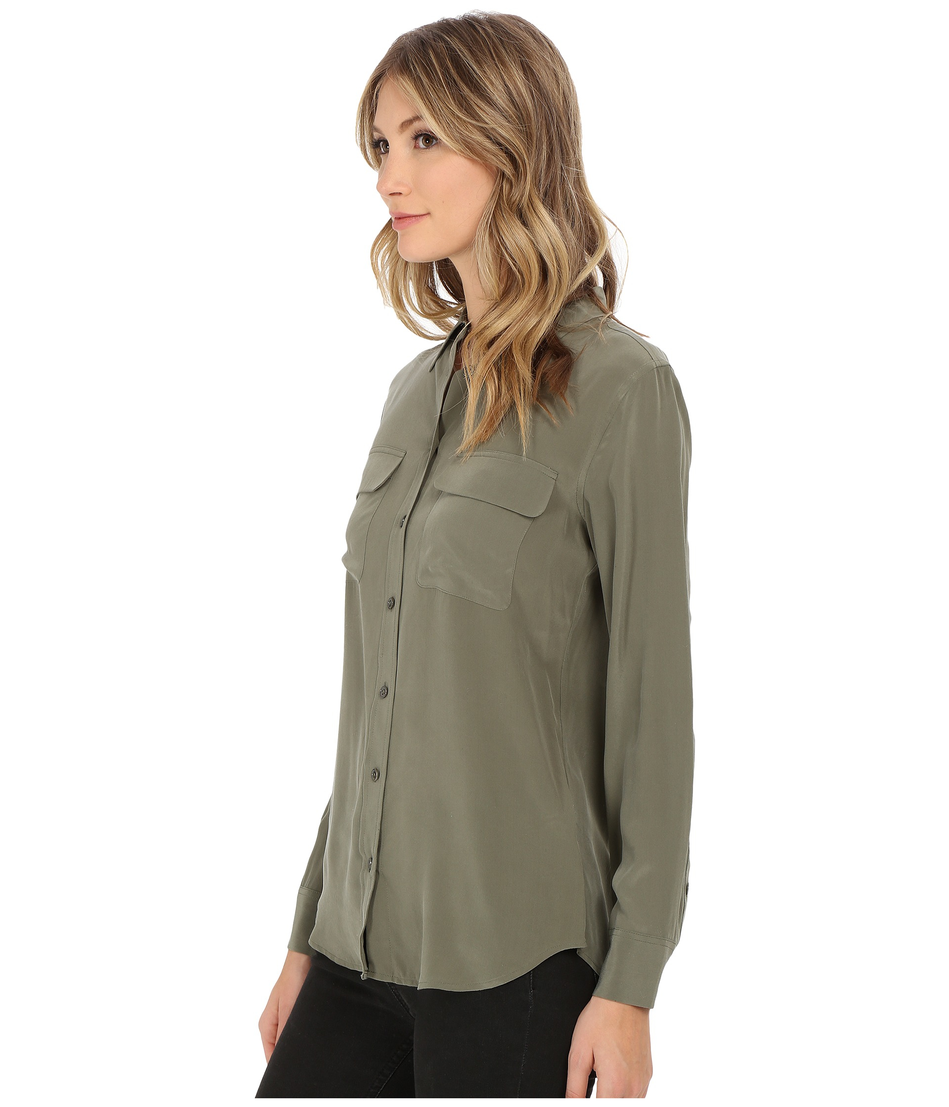 lyst equipment slim signature blouse in green lyst equipment slim signature blouse in green