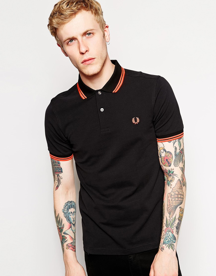 Fred Perry Soho Neon Polo with Neon Orange Tipping Slim Fit in Black ...