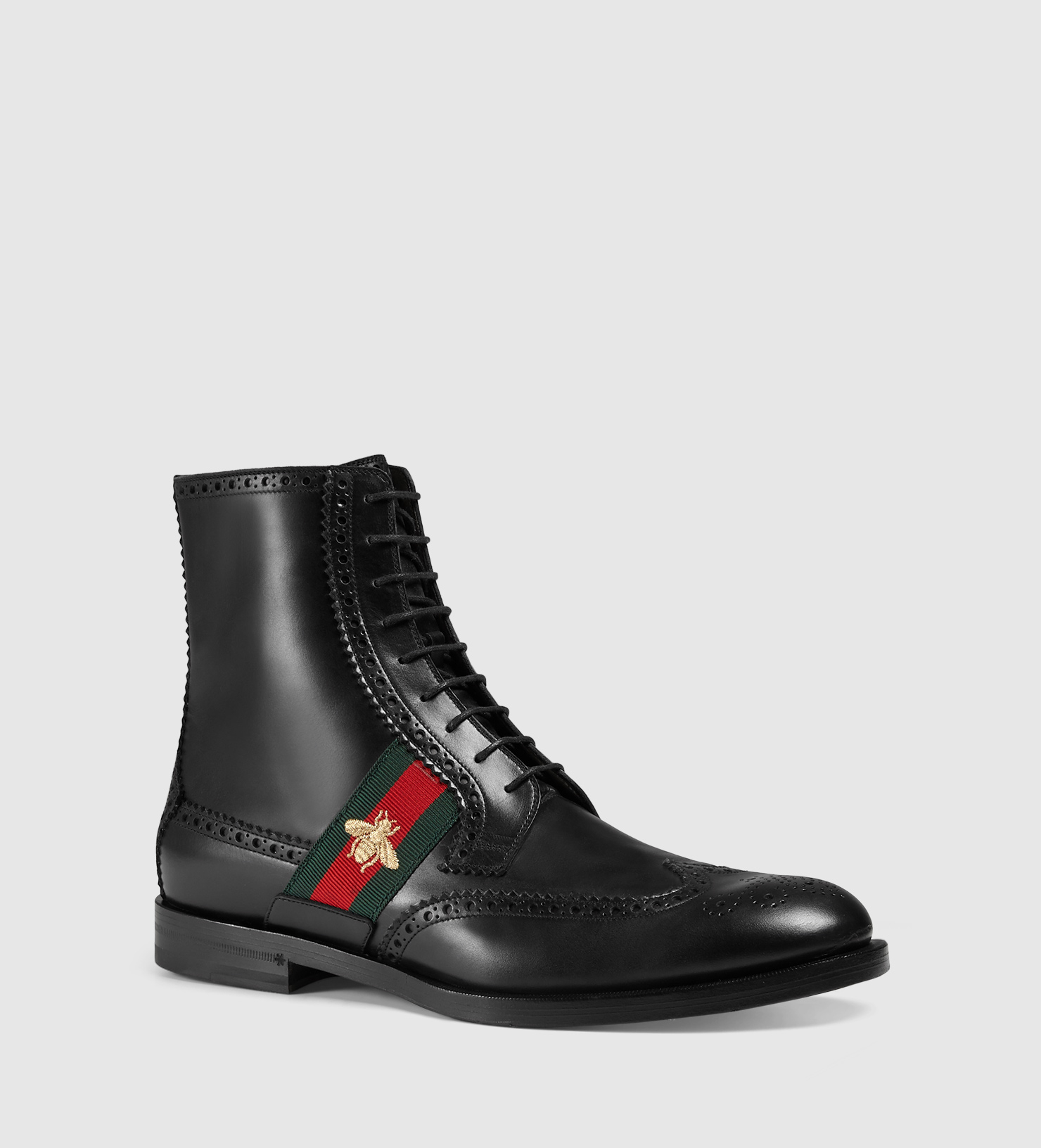 Gucci Leather Lace-up With Bee Web In Nero, ModeSens