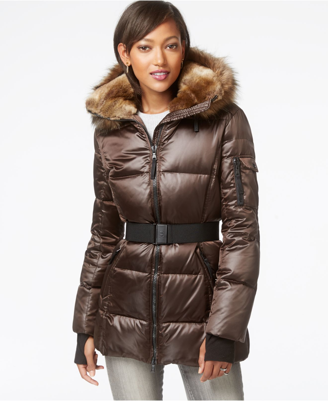 brown puffer jacket with fur hood