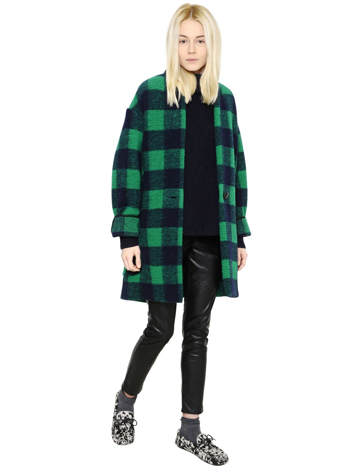 Étoile Isabel Marant Checked Boiled Wool Blend Coat in Green/Blue ...
