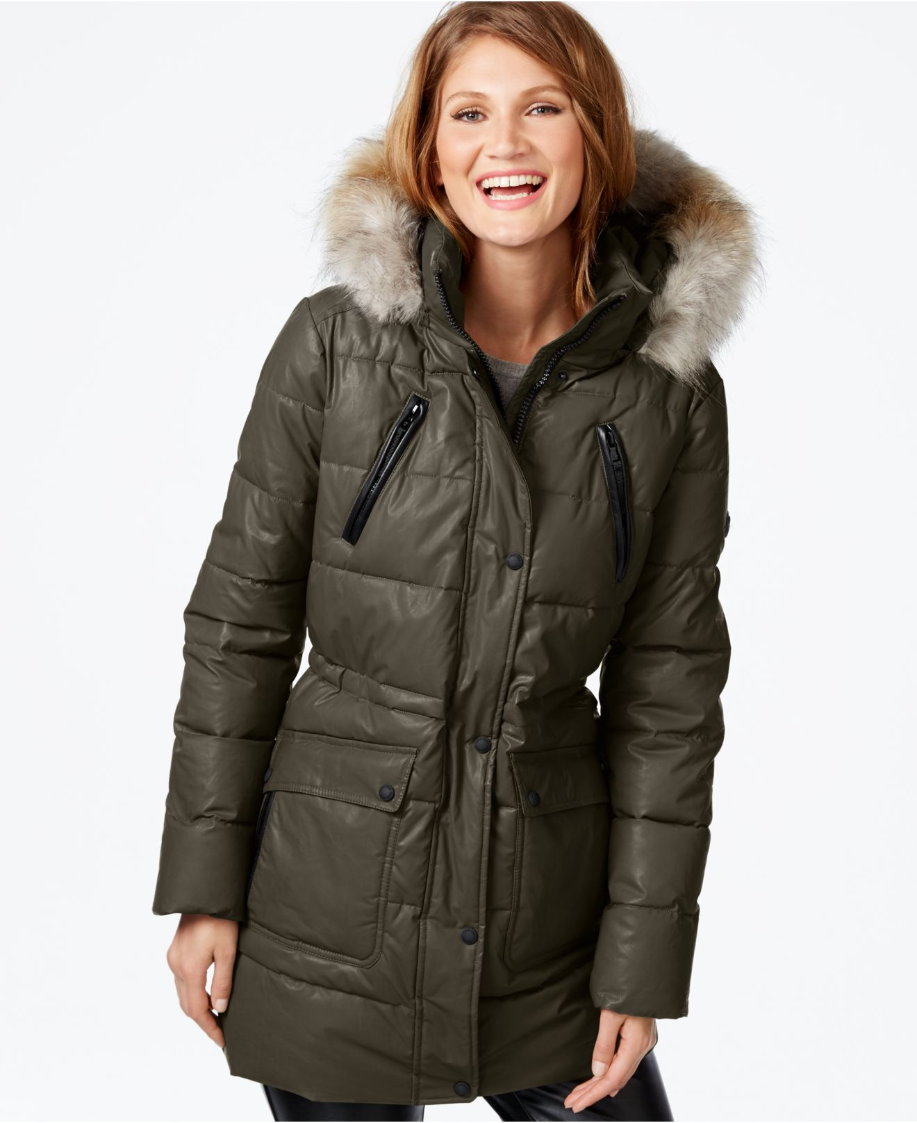 Calvin Klein Faux-fur-trim Waxed Cotton Puffer Coat in Olive (Green) - Lyst