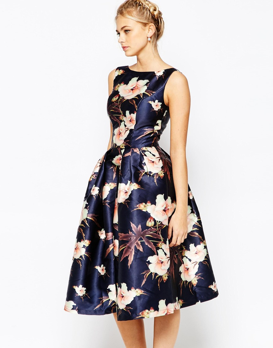 Chi Chi London Full Prom Skater Dress In Floral Print - Navy in Blue | Lyst  Canada