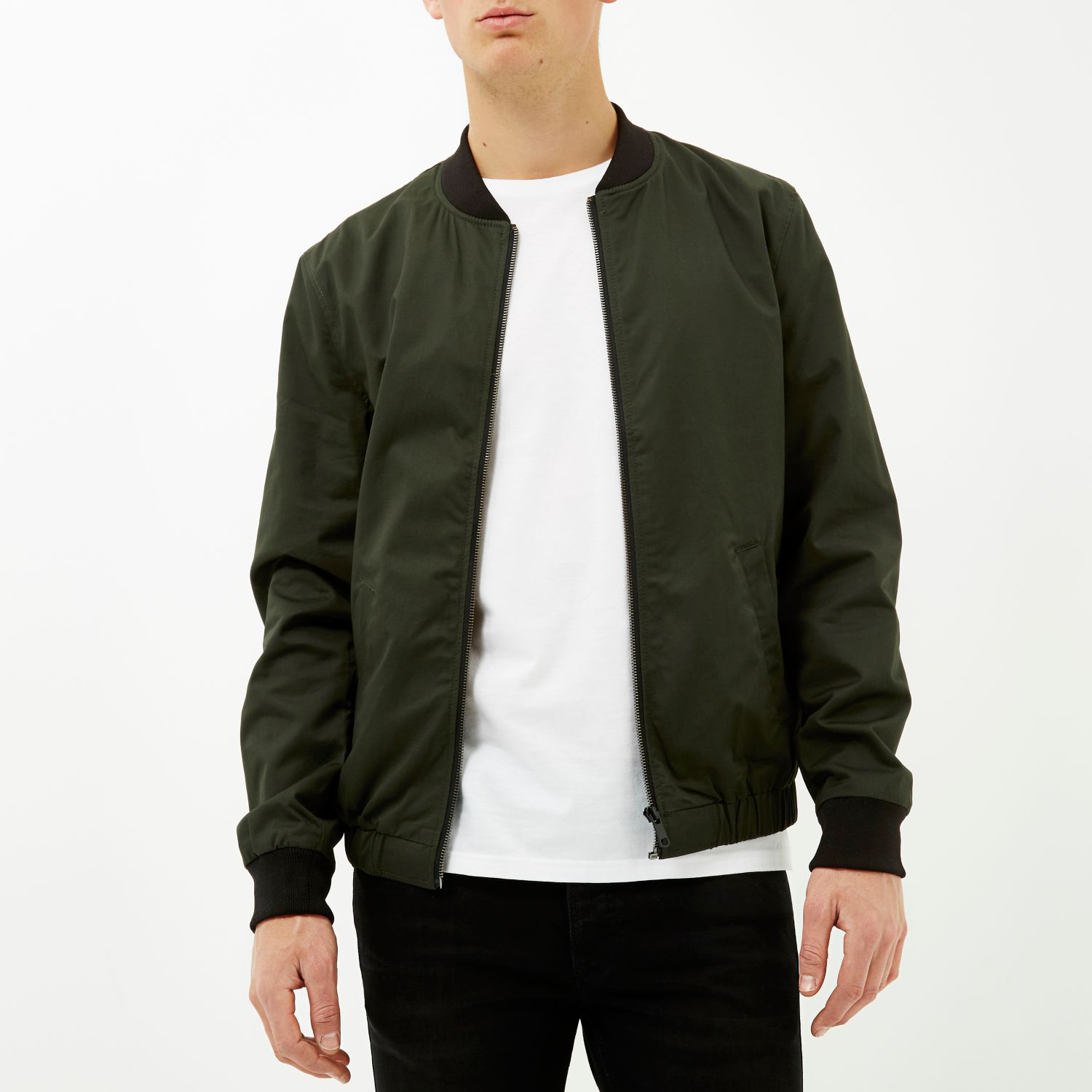 River Island Dark Green Casual Contrast Neck Bomber Jacket for Men - Lyst