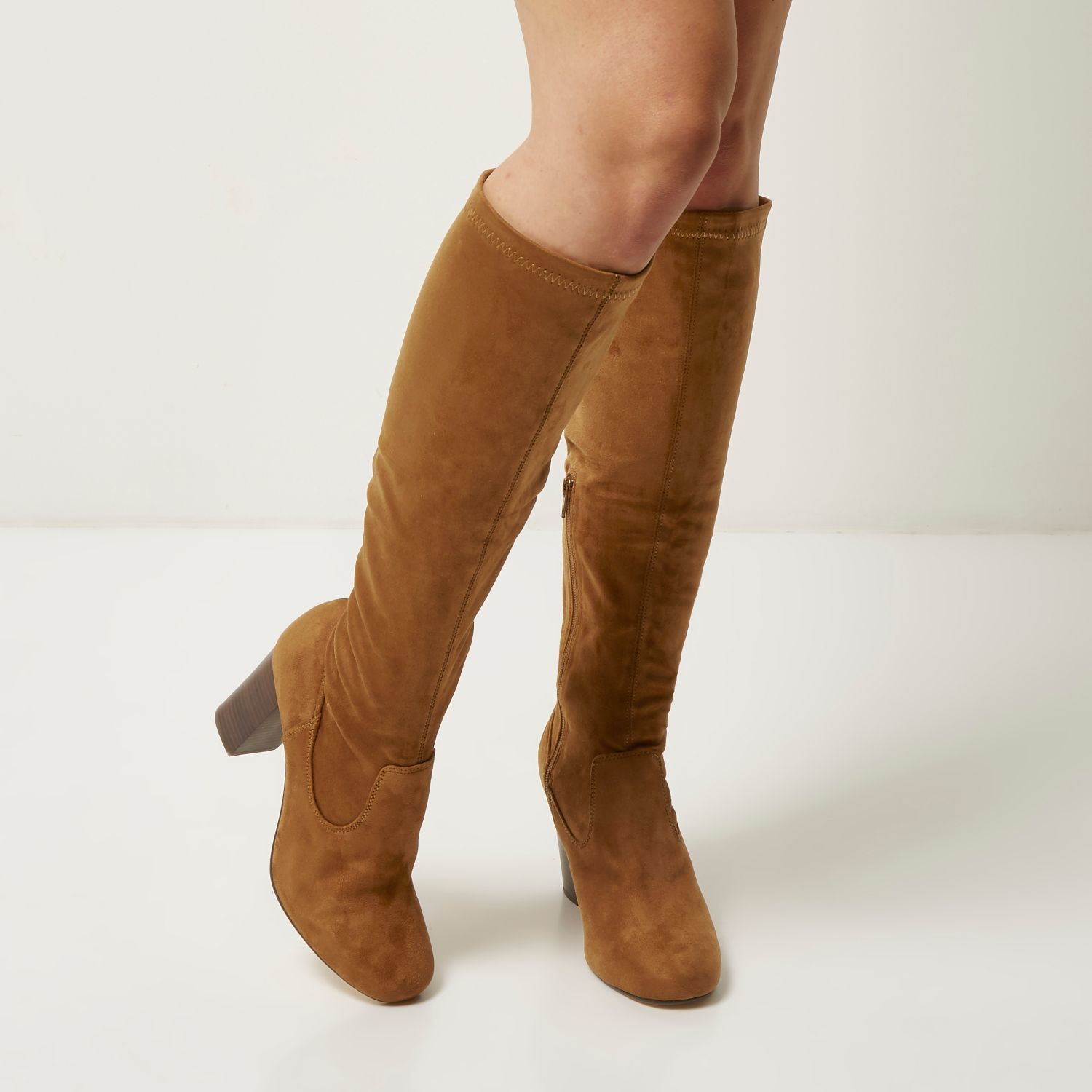 River Island Tan Faux Suede Heeled Knee High Boots in Brown - Lyst