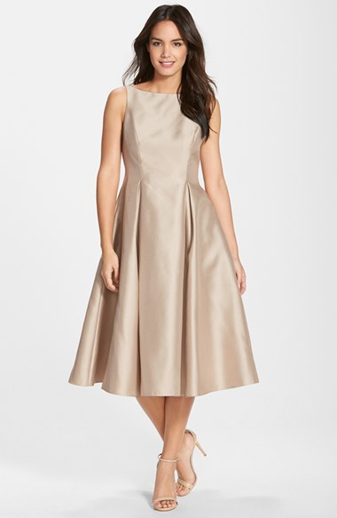 Adrianna Papell Sleeveless Mikado Fit & Flare Midi Dress in Gold (CHAMPAGNE) | Lyst