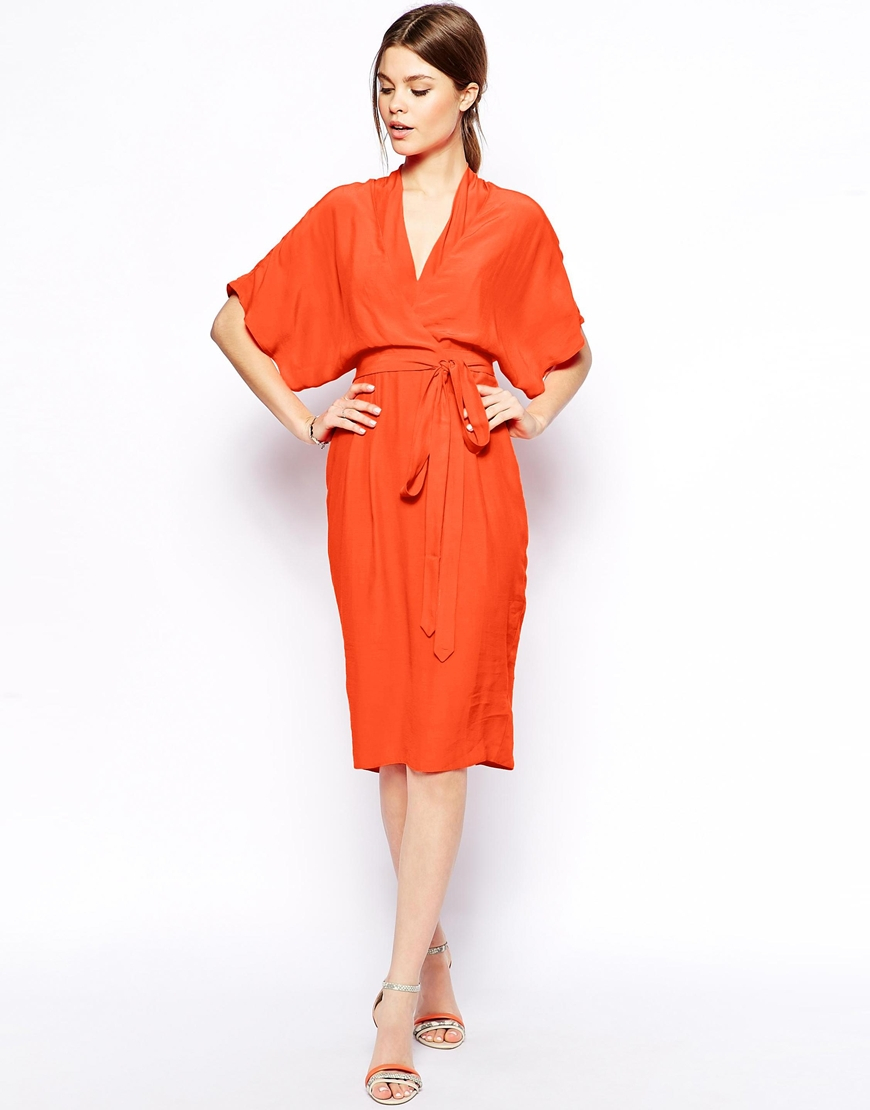 ASOS Pencil Dress With Kimono Wrap in Orange Lyst