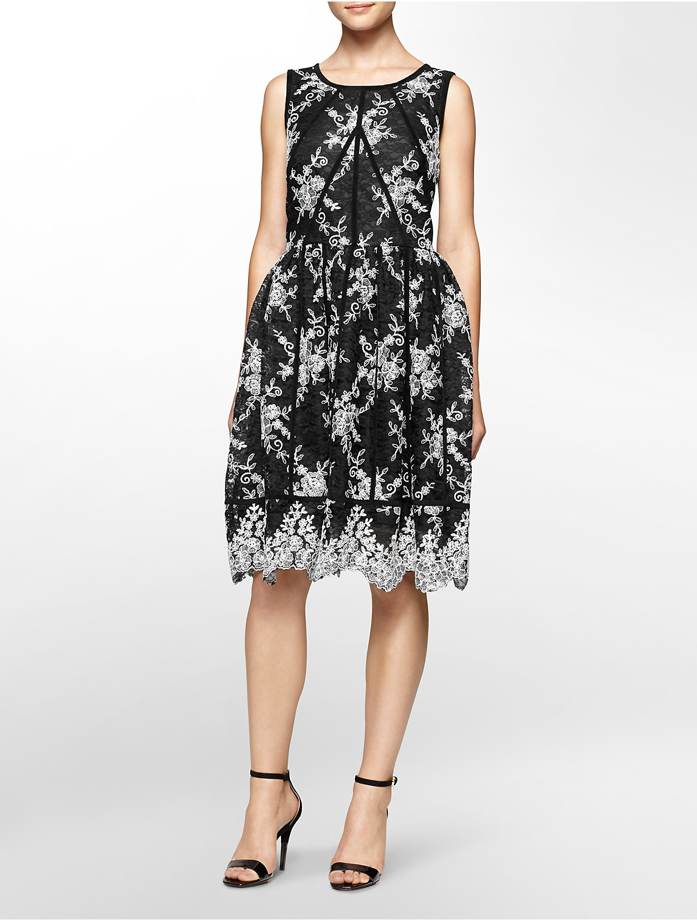 Calvin klein Lacetrimmed Fitandflare Dress in Black Lyst