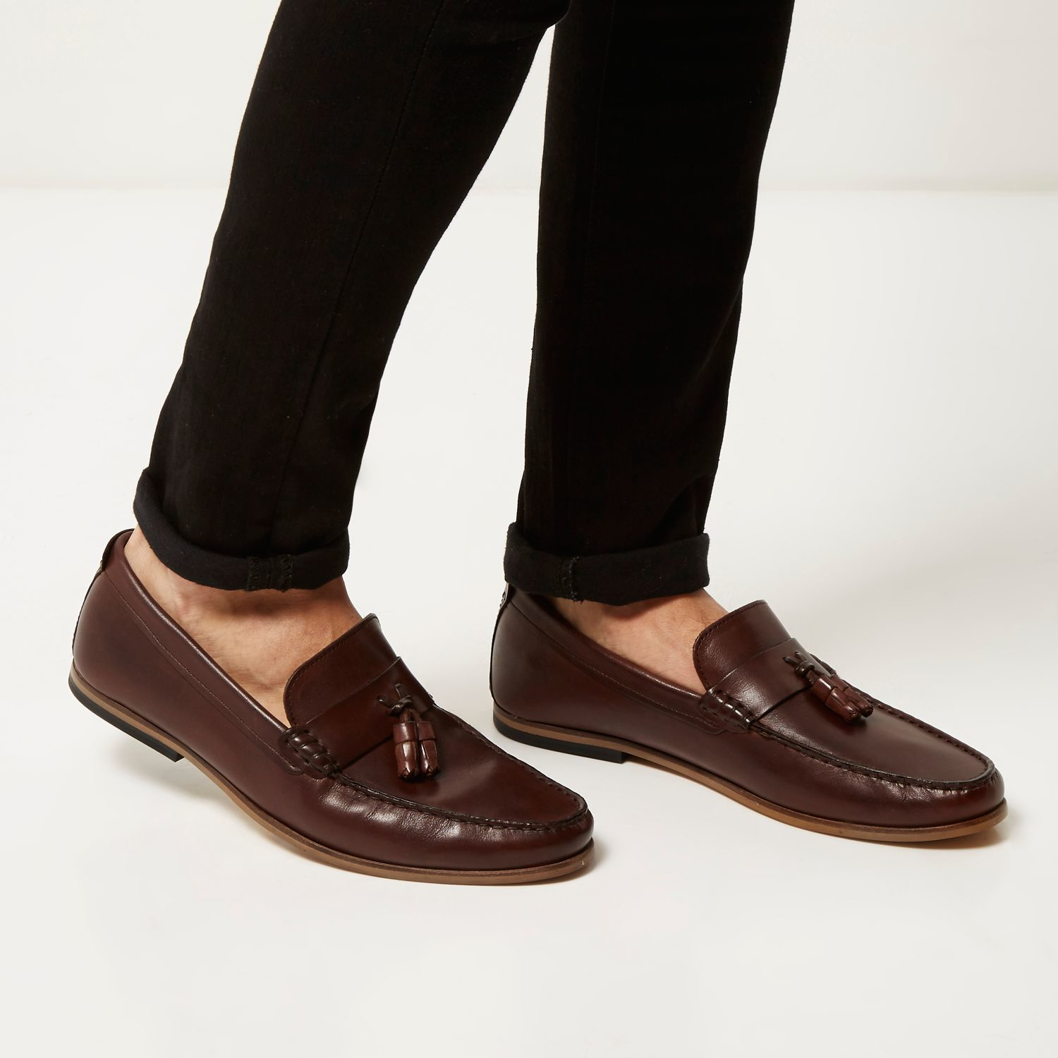 River Island Dark Brown Leather Tassel Loafers for Men - Lyst