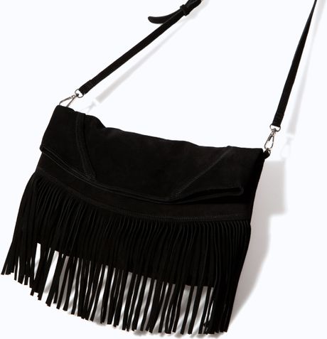 Zara Suede Leather Messenger Bag with Fringes in Black | Lyst