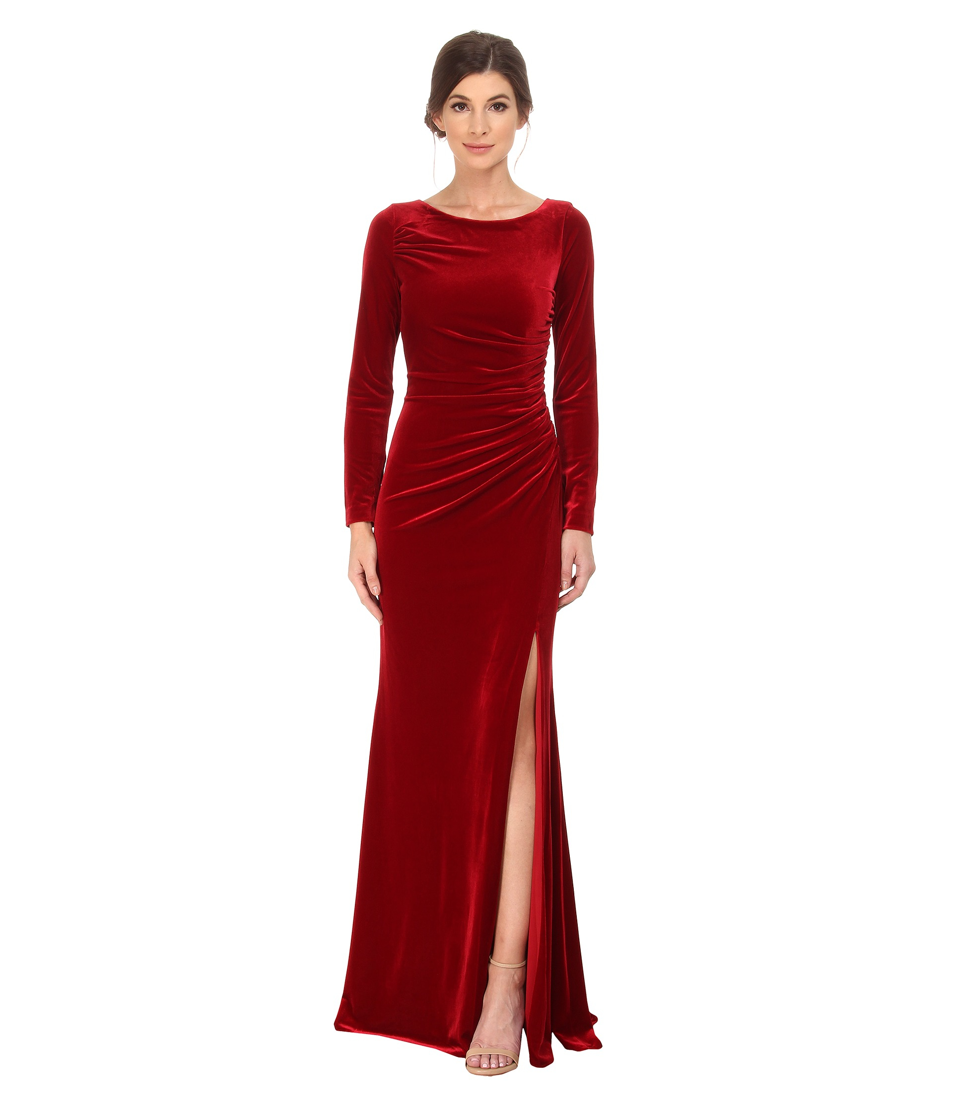 long sleeve red velvet gown