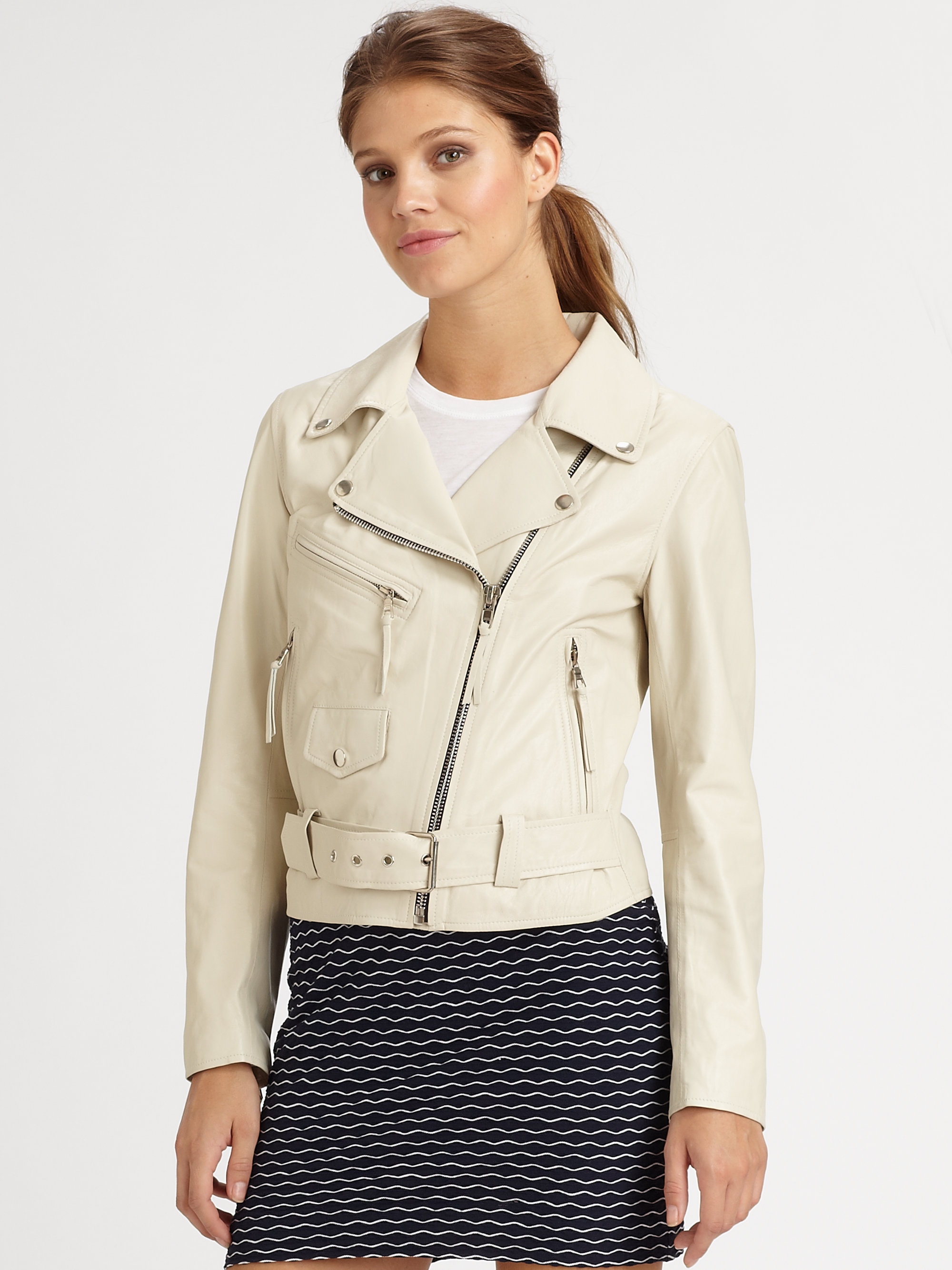 Milly Leather Motorcycle Jacket in White Lyst