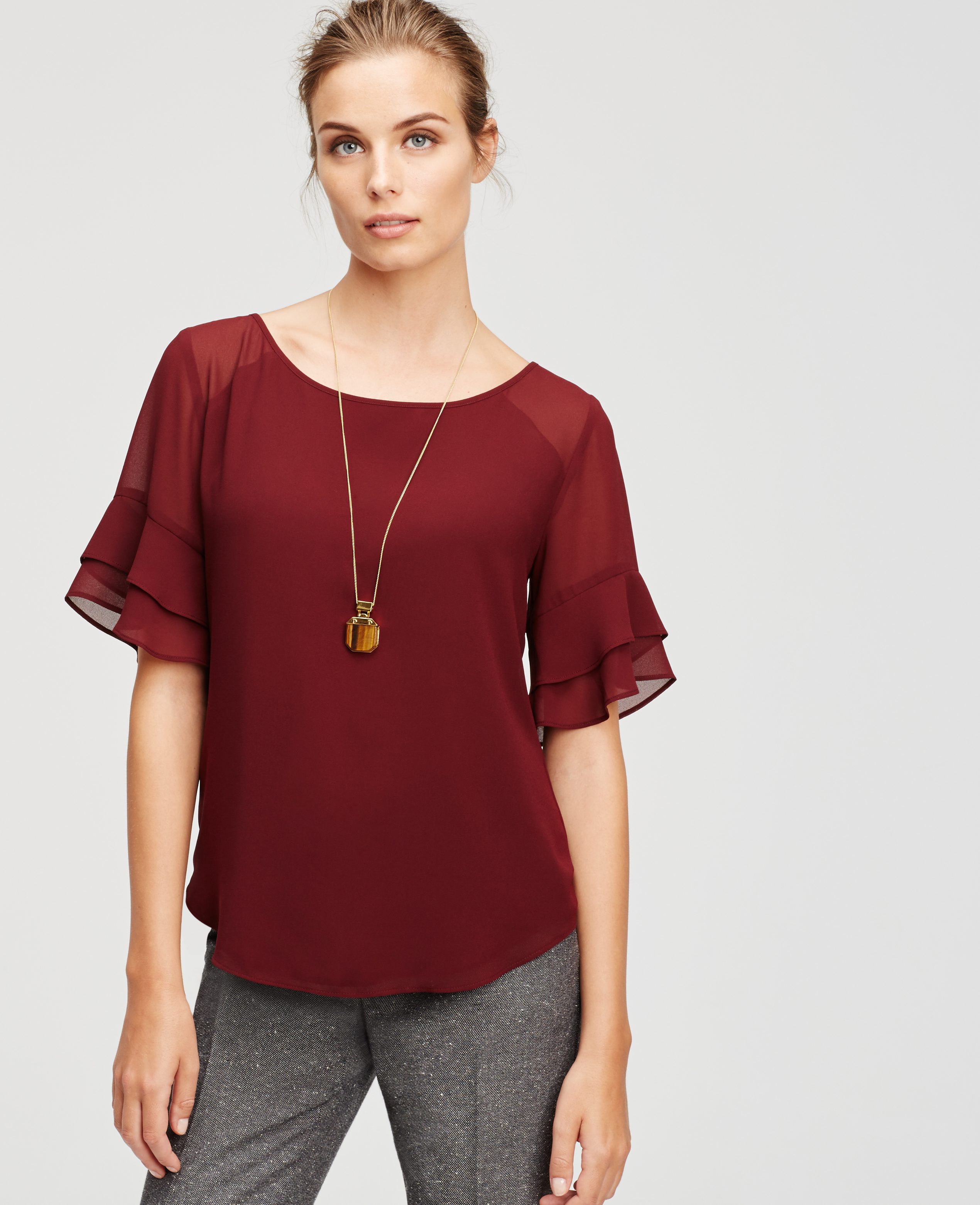 Ann taylor Tiered Ruffle Sleeve Top in Red | Lyst