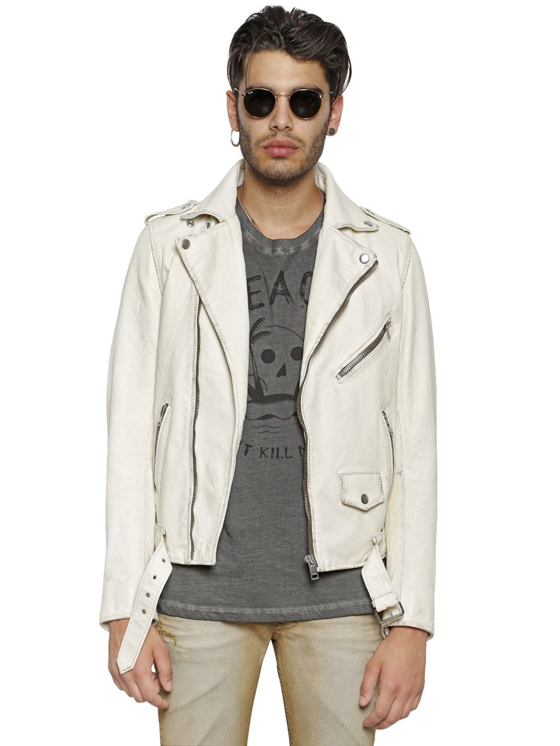 DIESEL Vintage Leather Moto Jacket in White for Men Lyst
