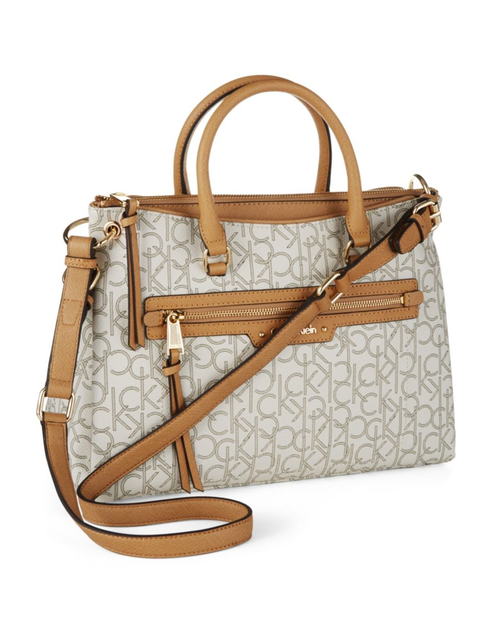 Calvin Klein Logo Satchel Bag in Brown (Almond/Khaki/Camel) Lyst