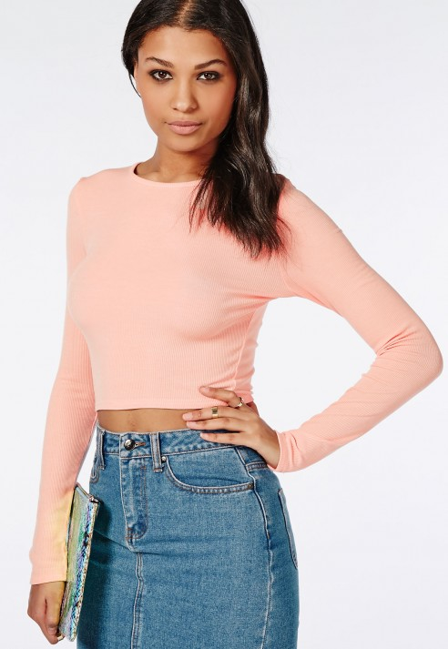 Missguided Ribbed Long Sleeve Crop Top Peach in Pink - Lyst