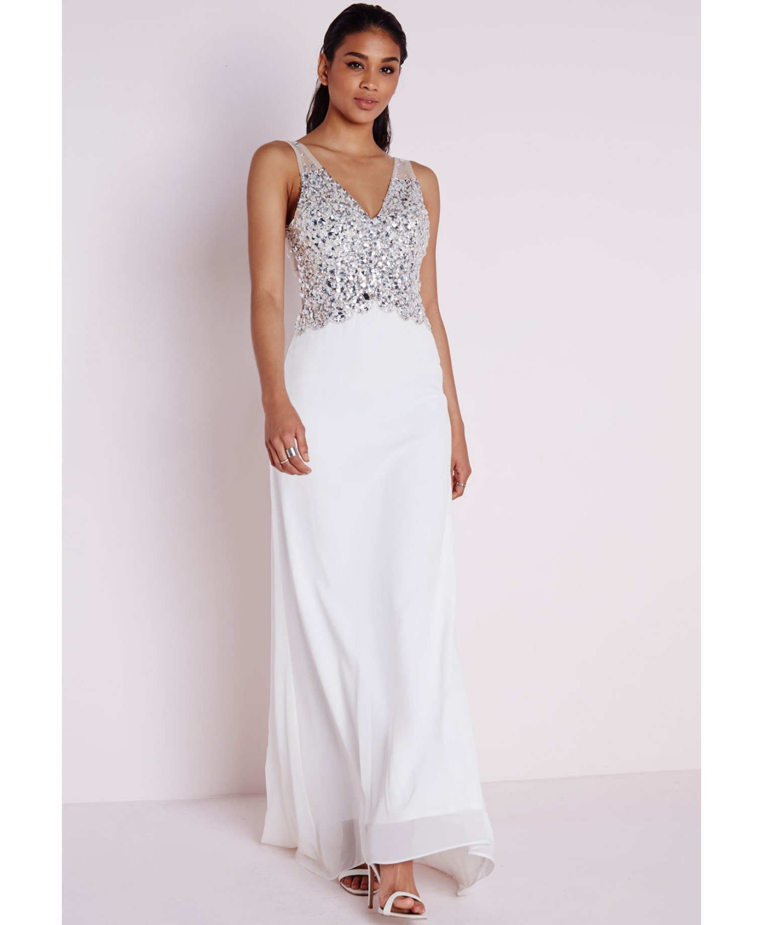 white and silver maxi dress