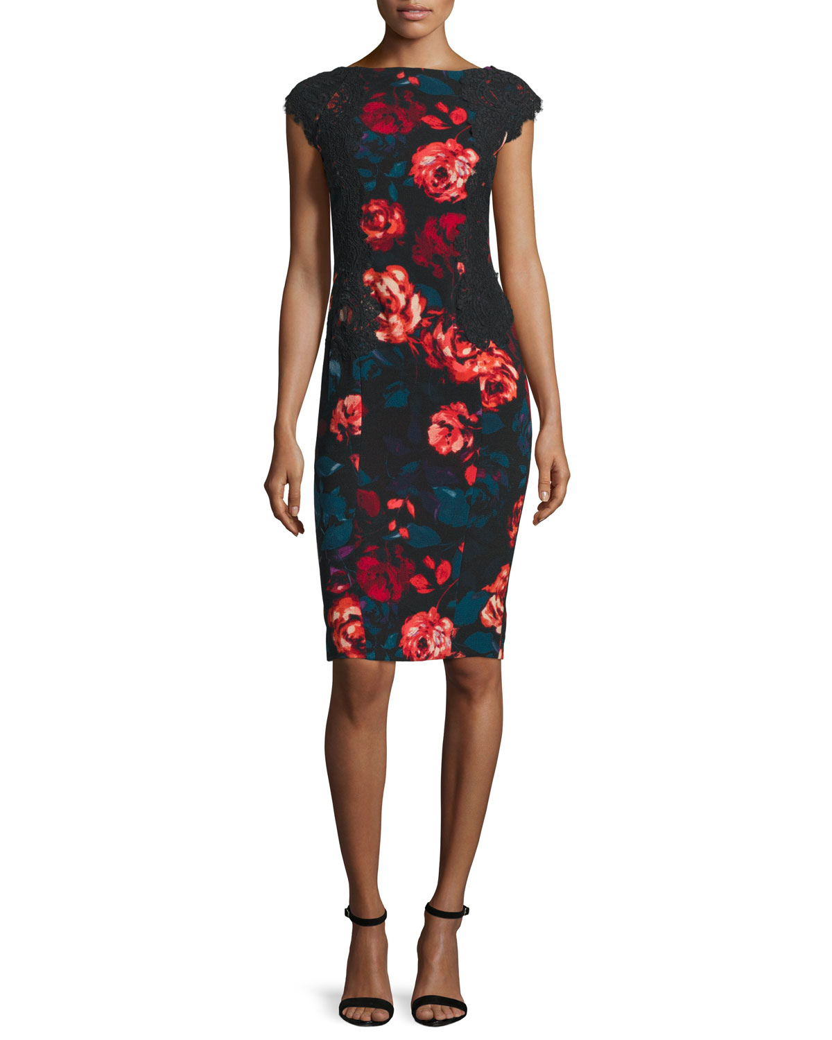 Maggy London Synthetic Embroidered Floral Crepe Sheath Dress in Black ...