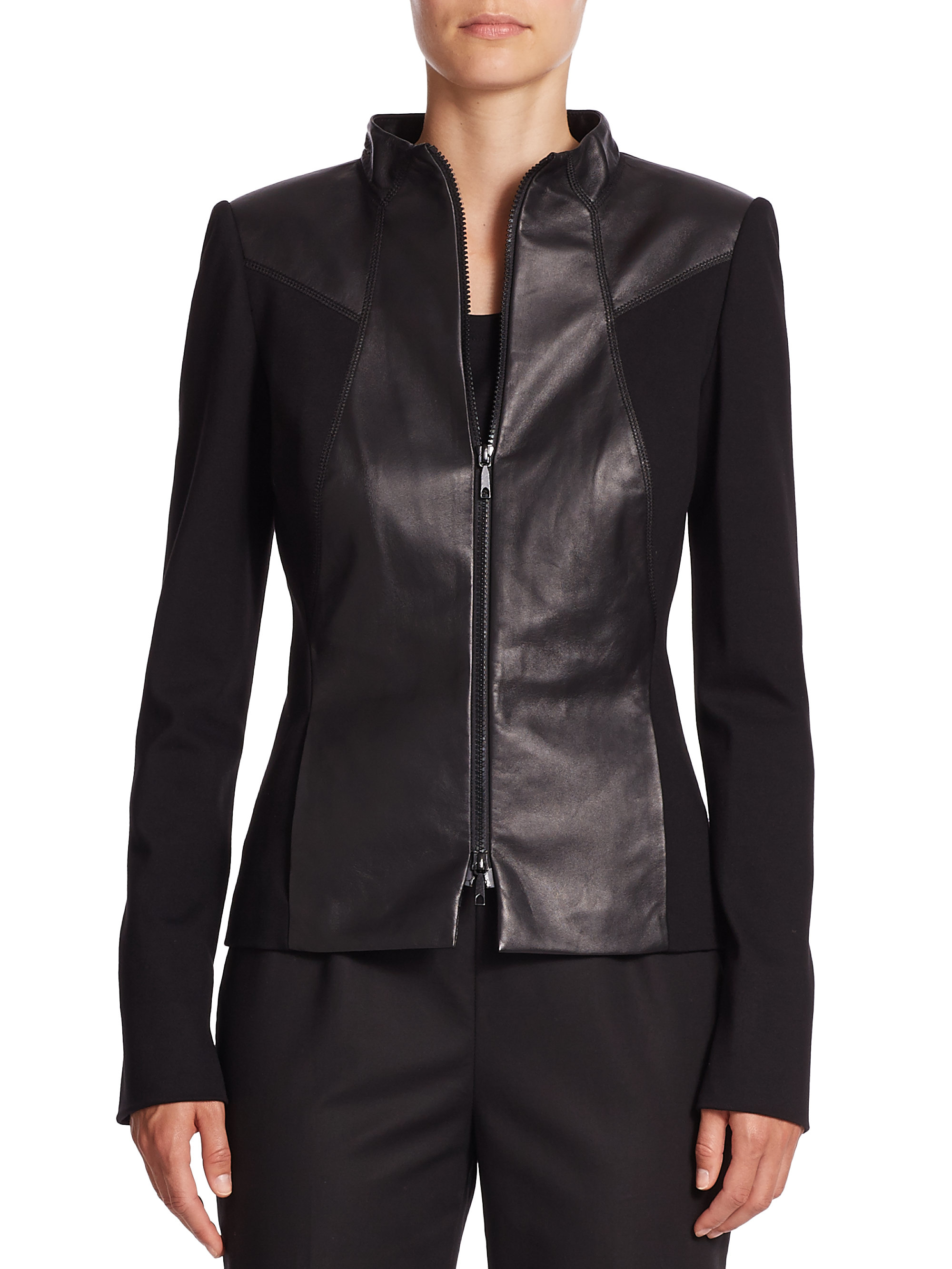 Lafayette 148 new york Laura Leather & Ponte Knit Jacket in Black | Lyst