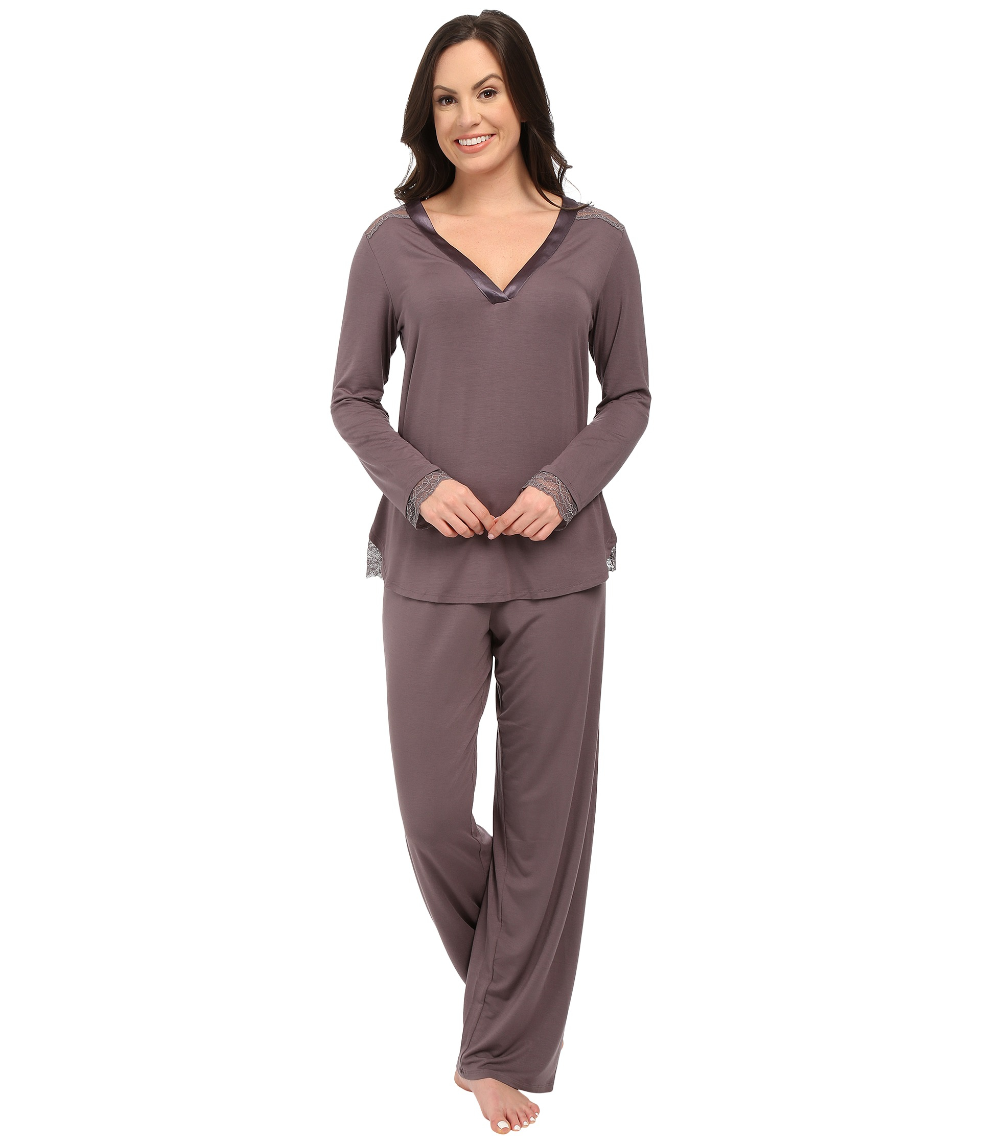 Midnight By Carole Hochman A Touch Of Silver Lace Inset Pajama Set in Brown