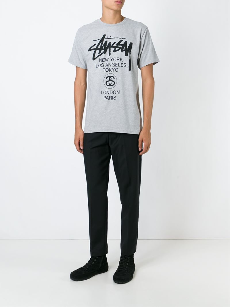 Stussy Logo Print T-shirt in Grey (Grey) for Men - Lyst