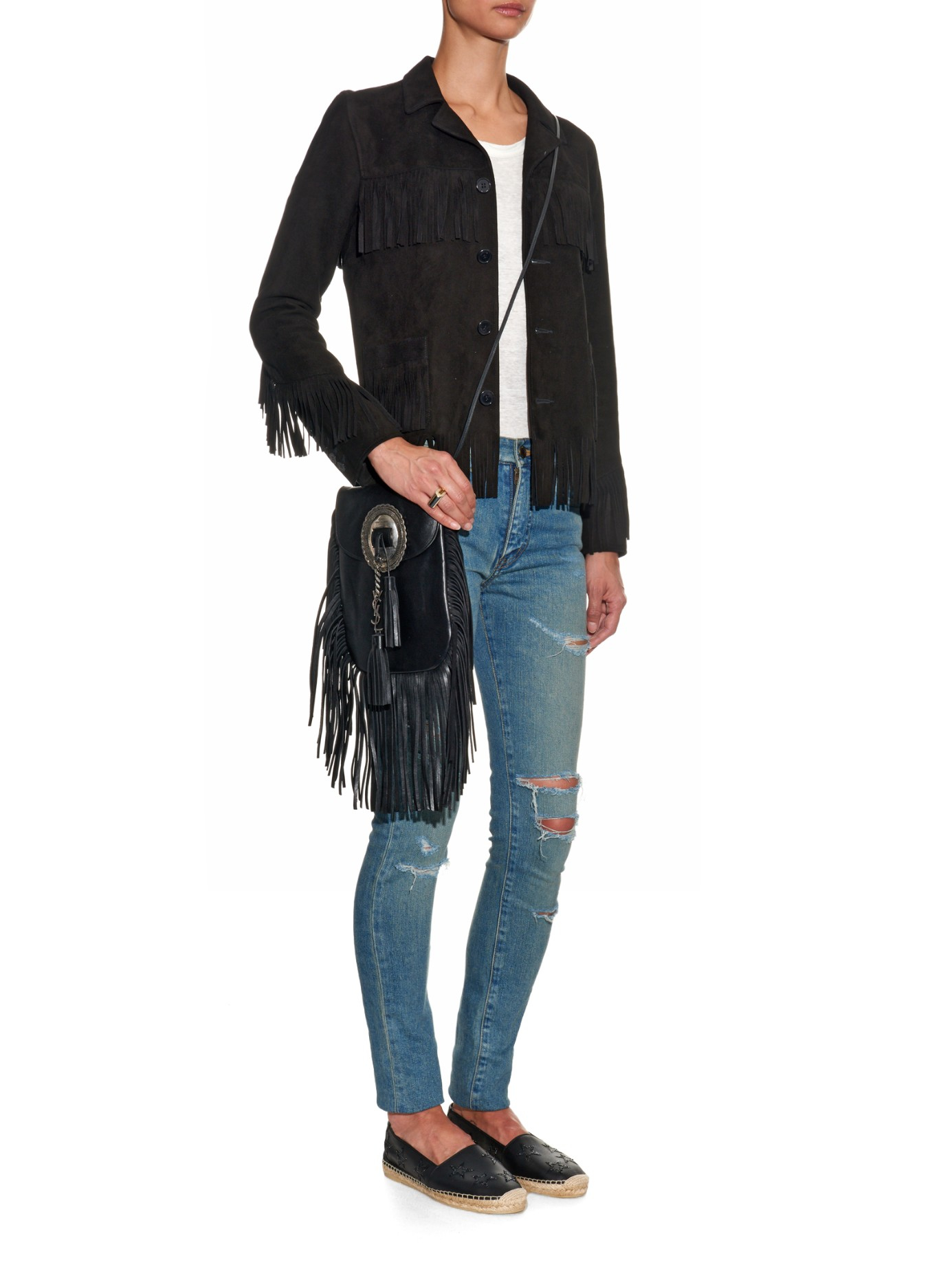 Saint laurent Anita Fringed Leather Shoulder Bag in Black | Lyst