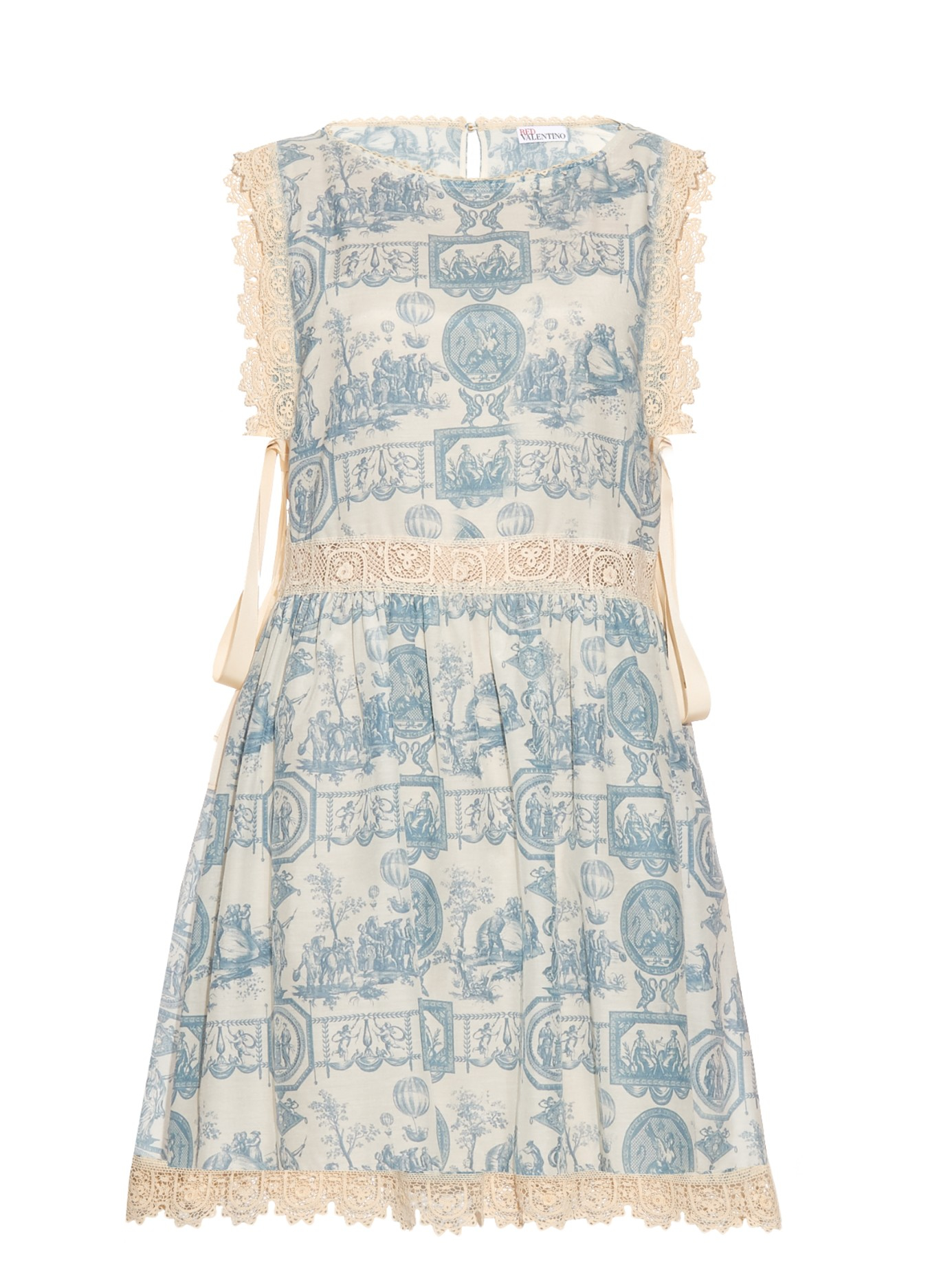 RED Valentino Cotton Toile De Jouy Lace-trim Dress in Blue White RED Valentino Cotton Toile De Jouy Lace-trim Dress in Blue White