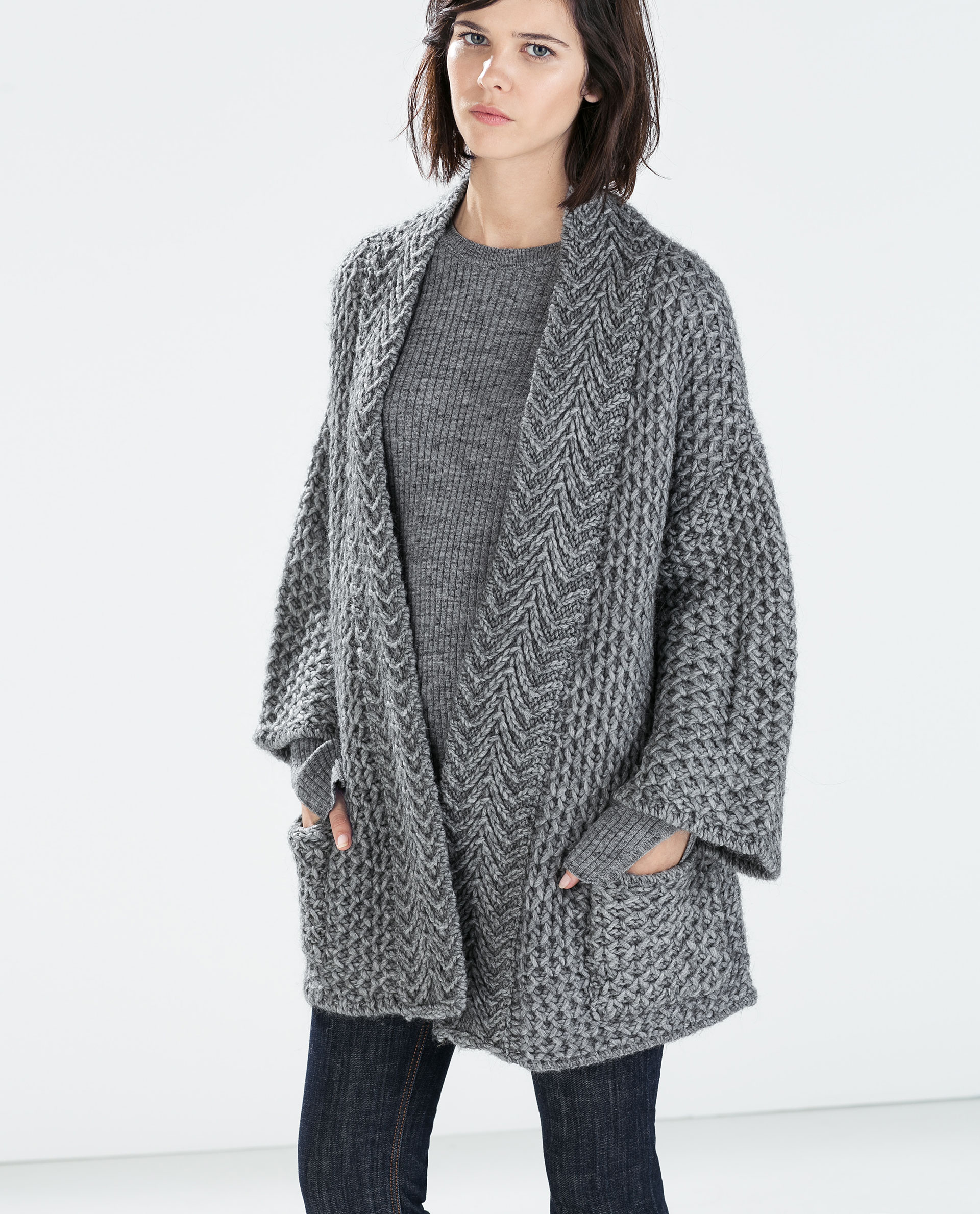 Zara Knit Cardigan With Pockets in Gray | Lyst