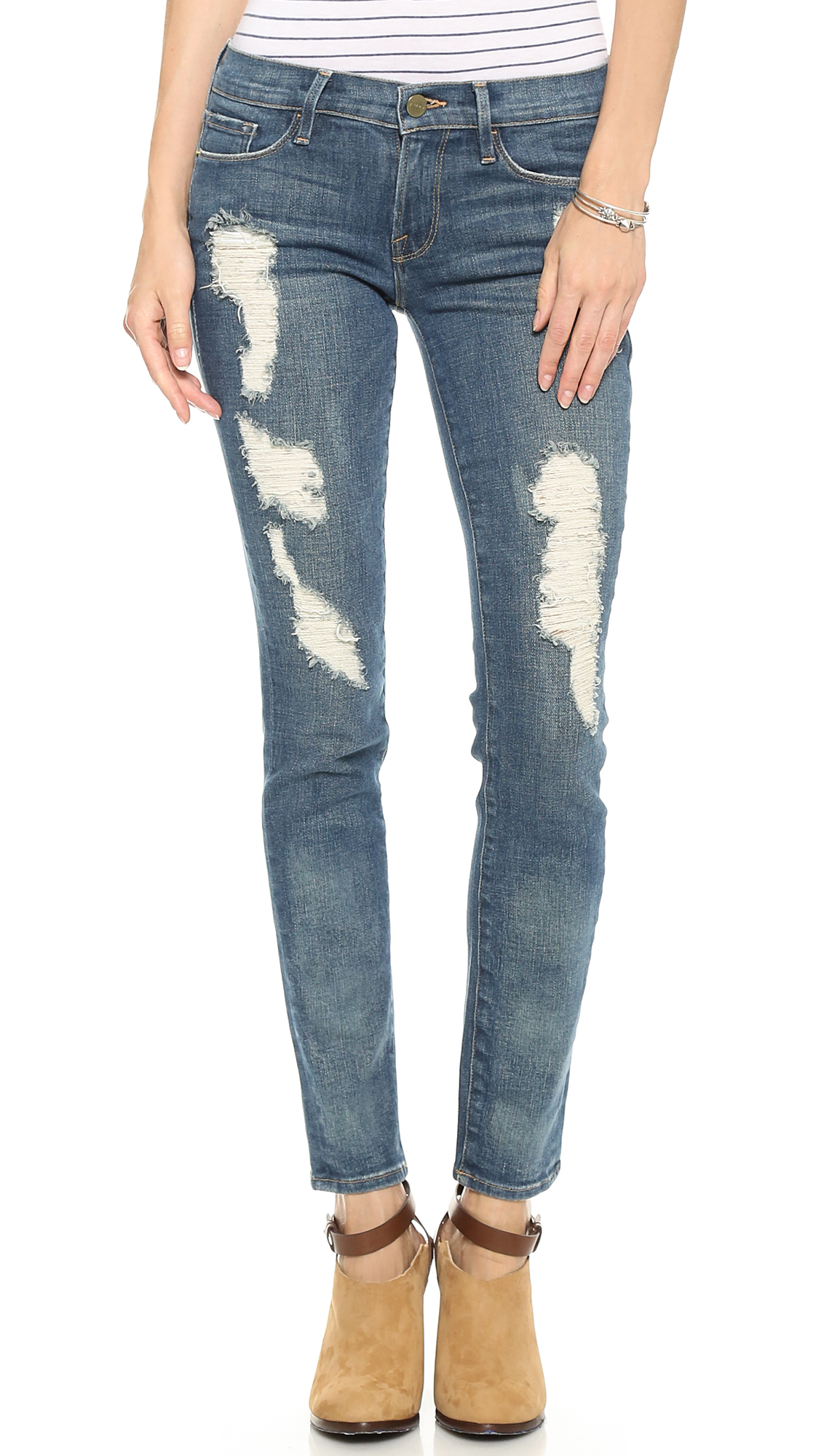 Frame Le Skinny Distressed Jeans in Blue | Lyst