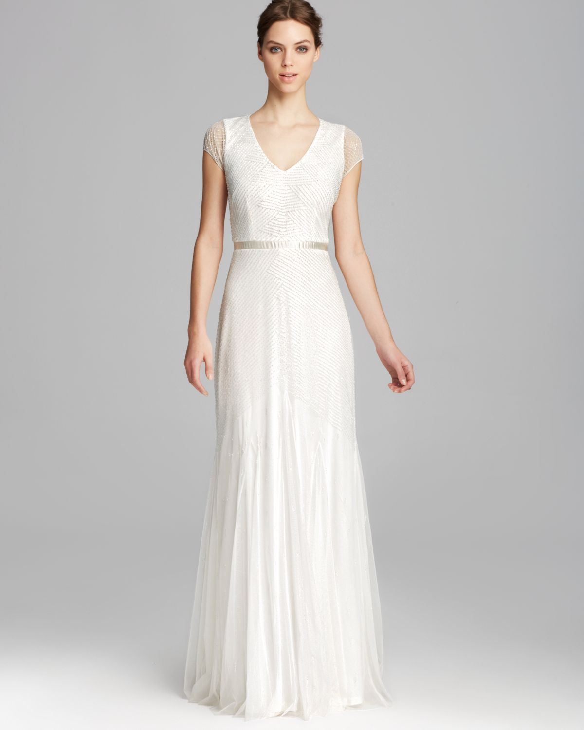 Adrianna Papell Gown - Cap Sleeve V Neck Beaded in Ivory (White) | Lyst
