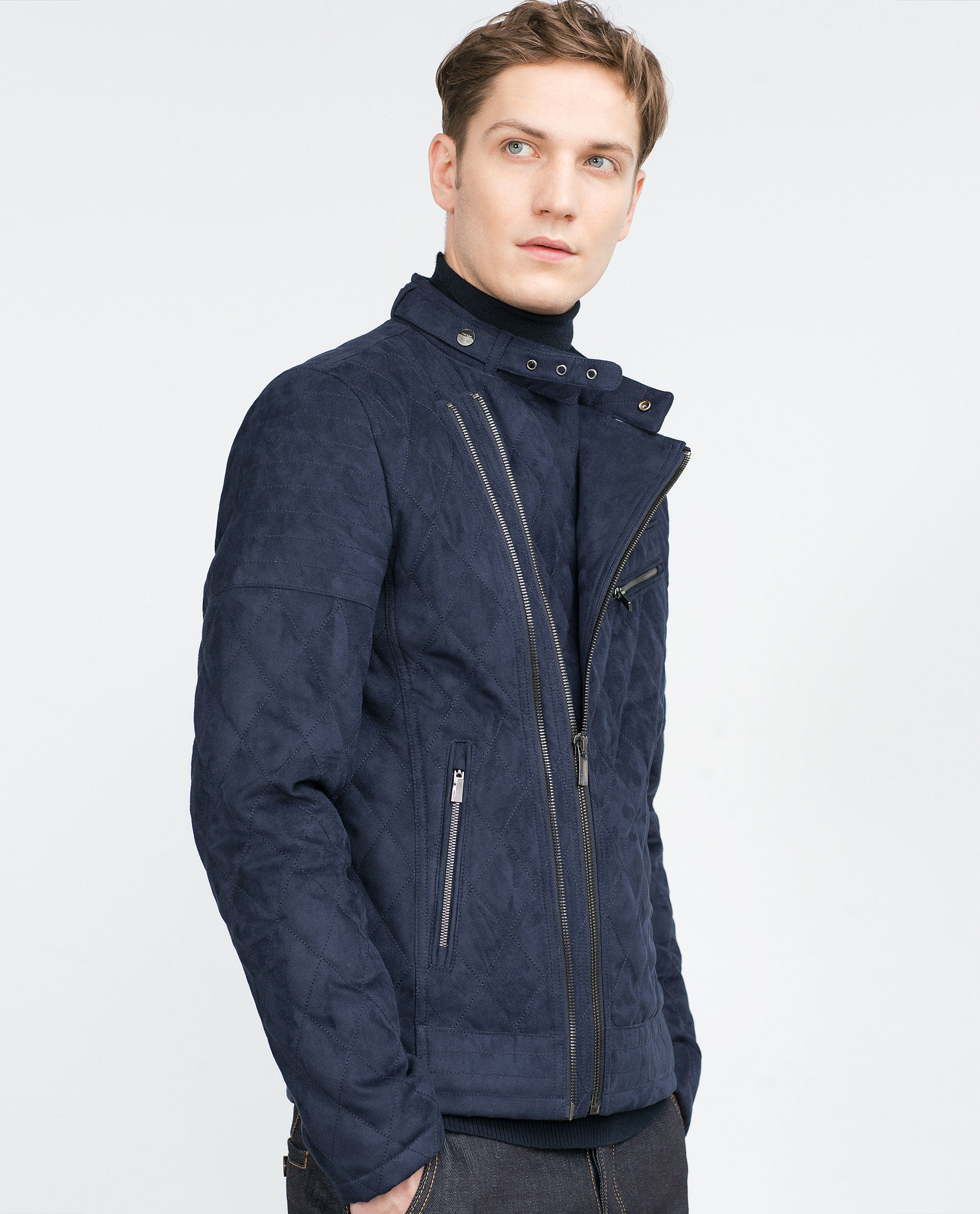 Zara Quilted Biker Jacket In Blue For Men Lyst Gallery