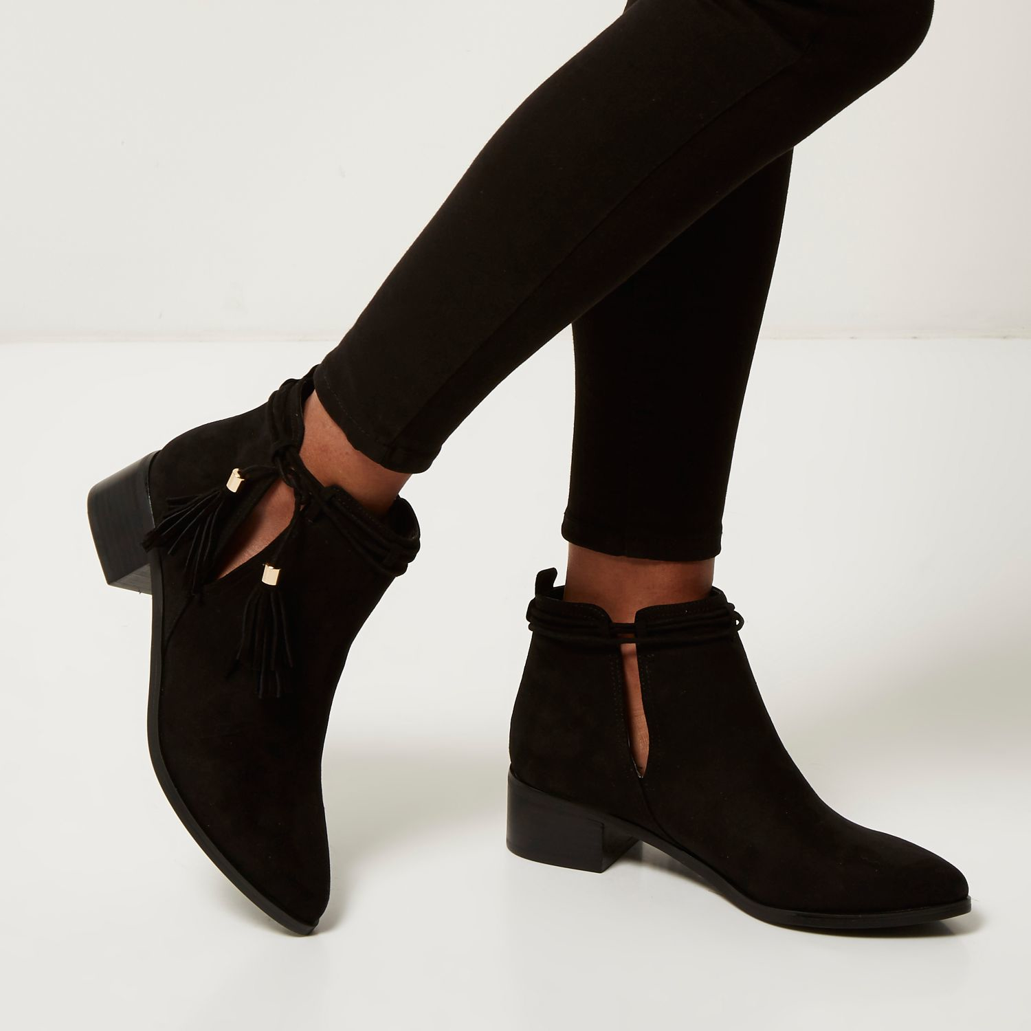 River Island Suede Black Tassel Cut-out Ankle Boots - Lyst