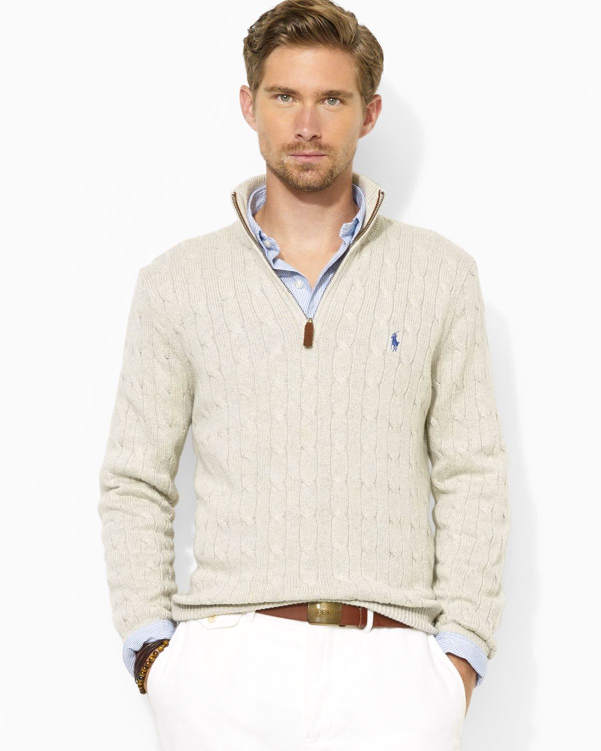 Ralph Lauren Polo Half Zip Cable Knit Tussah Silk Sweater in Light Grey  Heather (Gray) for Men - Lyst