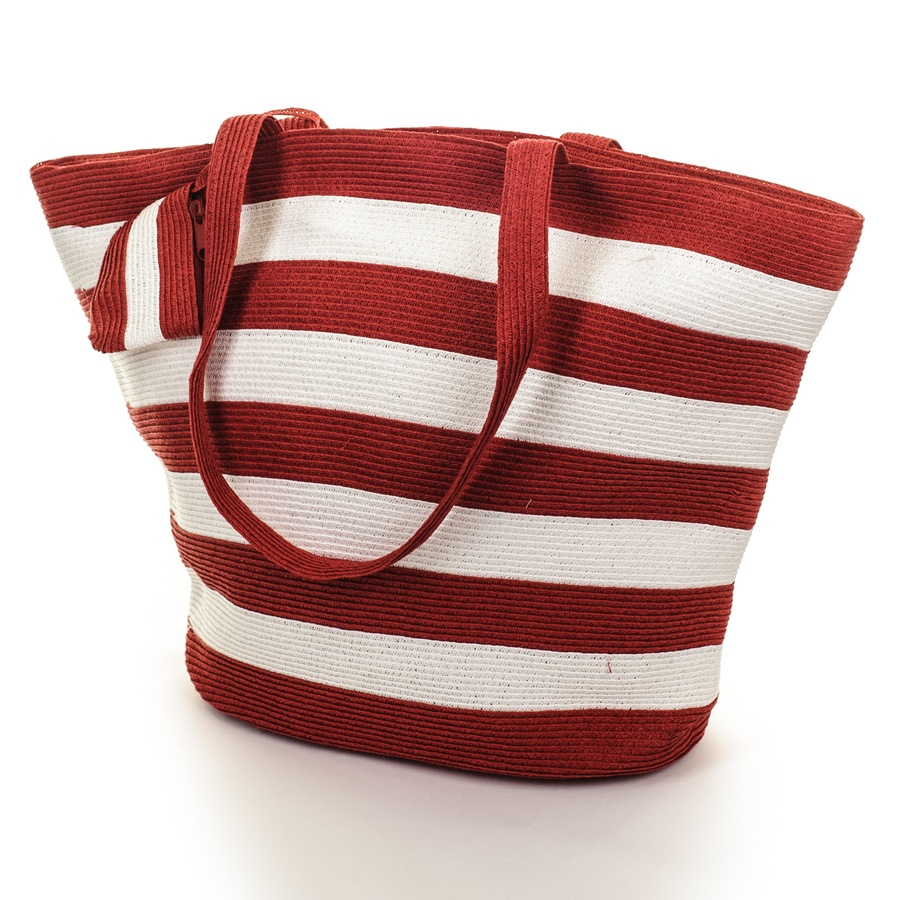 red and white striped beach bag