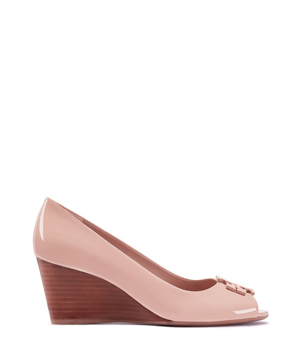 Tory Burch Lowell Patent Peep-toe Mid-heel Wedge in Pink | Lyst