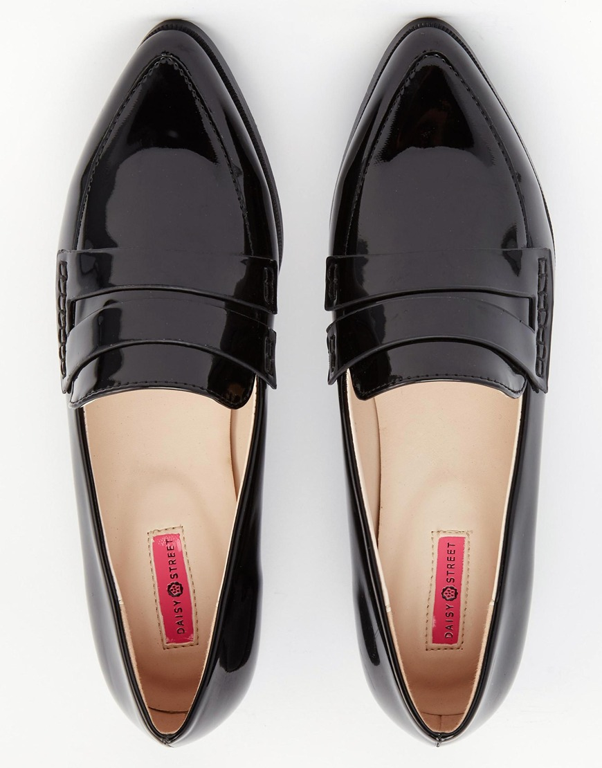 Daisy Street Patent Pointed Toe Loafer Flat Shoes in Black | Lyst