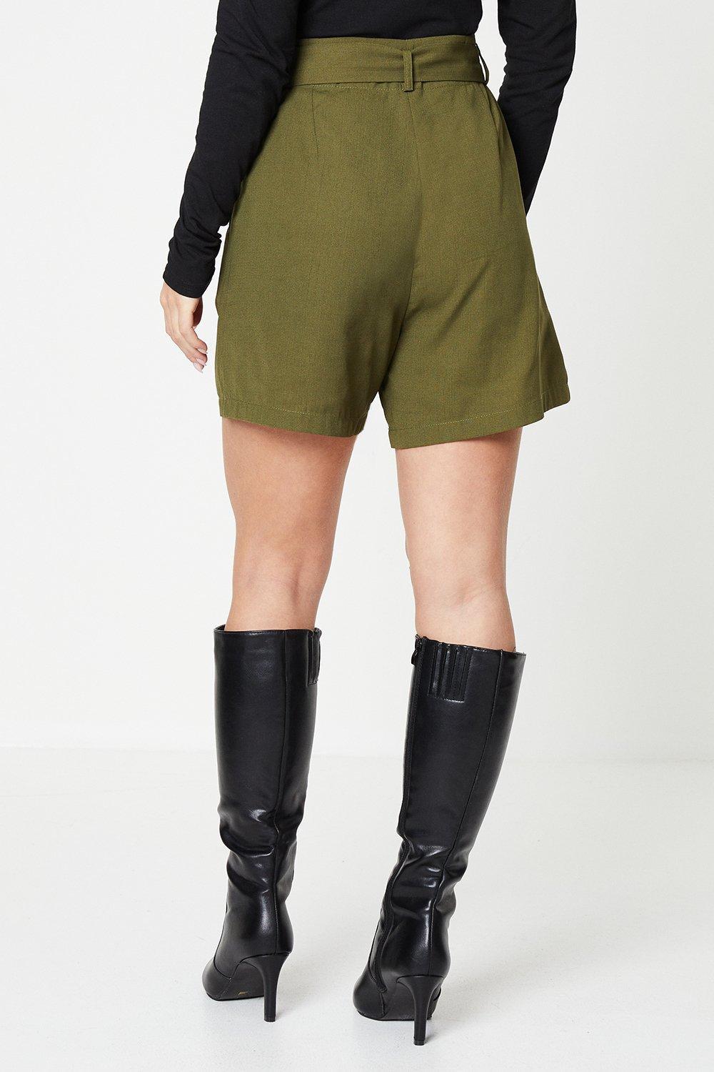 Dorothy Perkins Petite Belted Paperbag Waist Shorts in Green Lyst UK