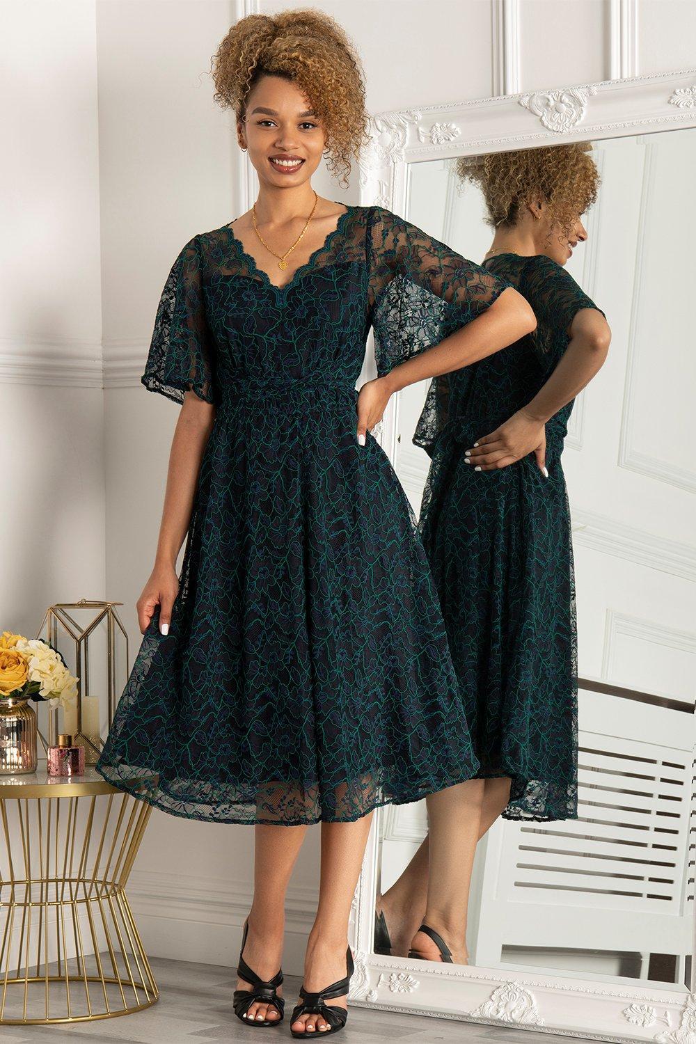 Boohoo flare sleeve lace dress hotsell in navy