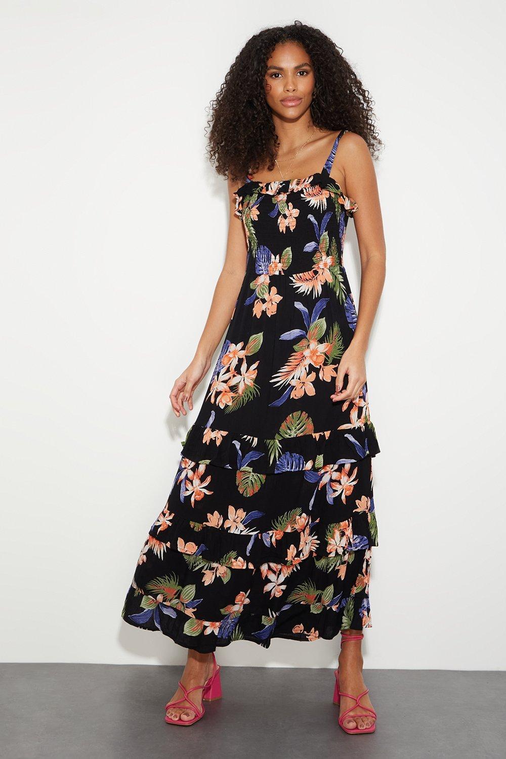 Dorothy Perkins Tropical Print Shirred Midaxi Dress in Black Lyst UK
