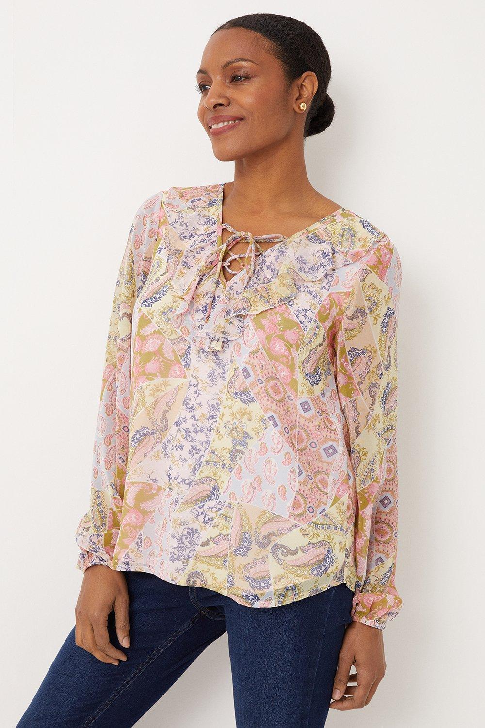 Wallis Pink Paisley Patchwork Tie Neck Ruffle Blouse in Natural