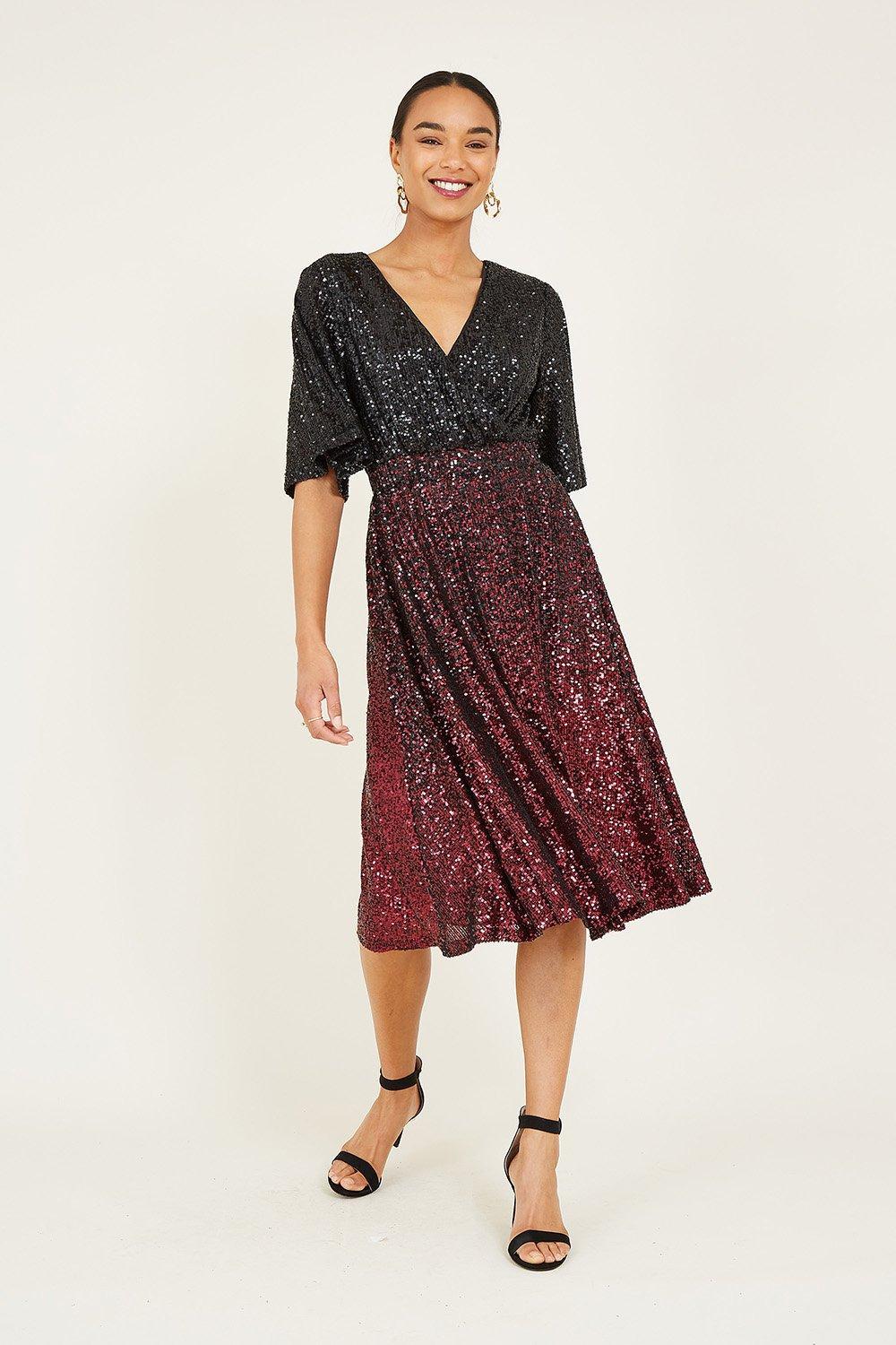 Yumi Navy and Silver Ombre Sequin Midi Wrap Dress