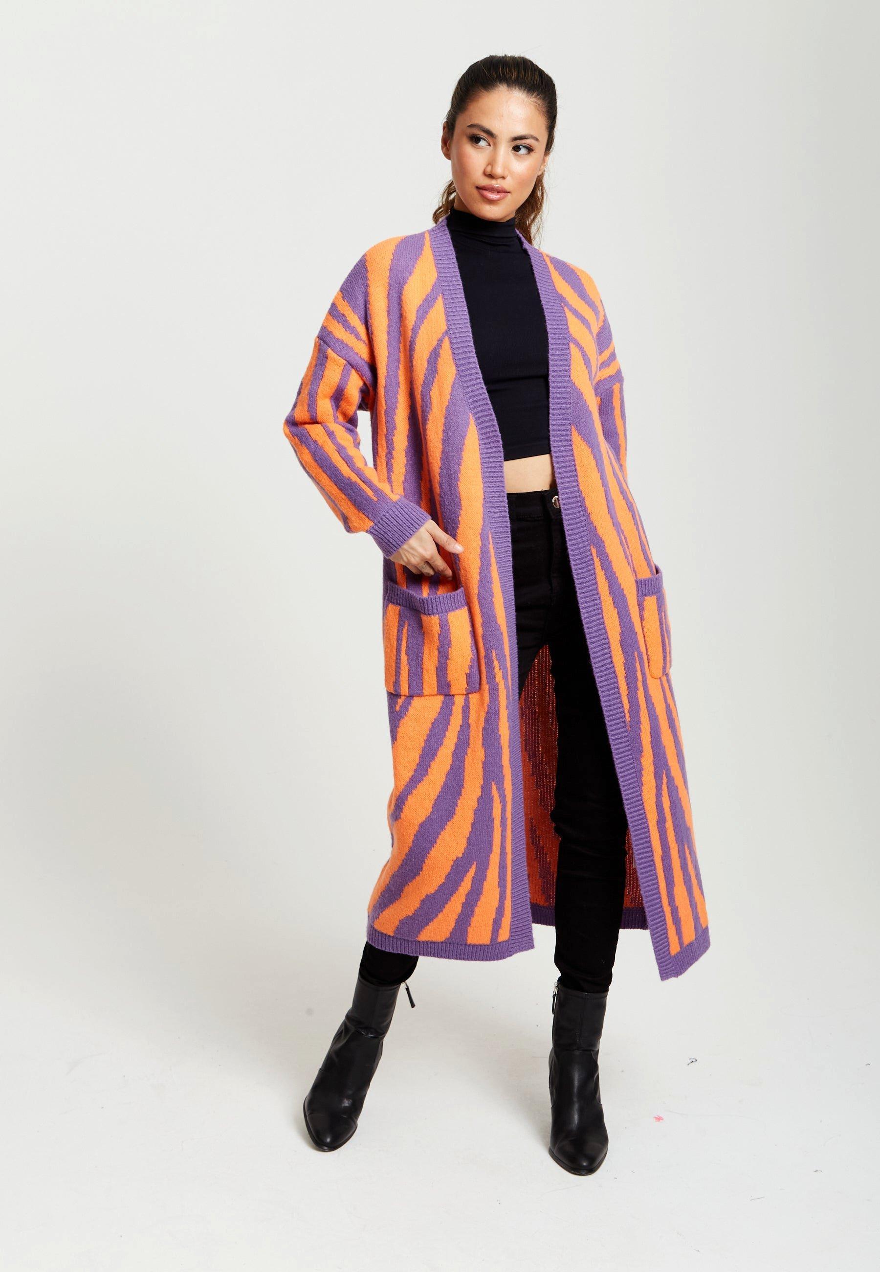 Liquorish Longline Cardigan In Orange And Purple Lyst UK