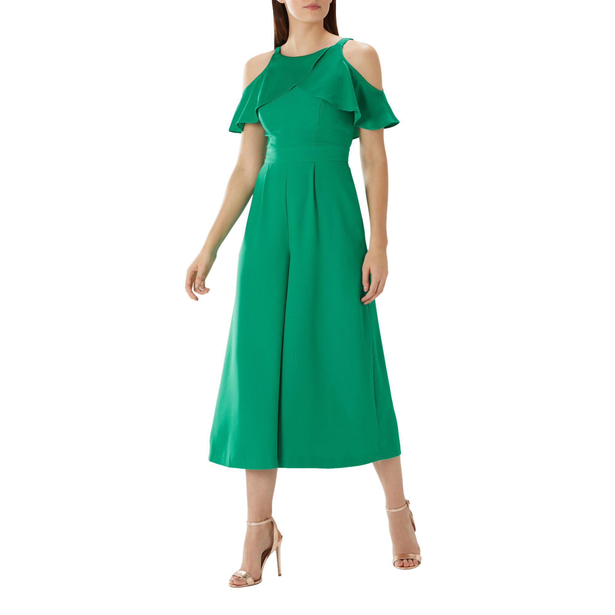 green cold shoulder jumpsuit